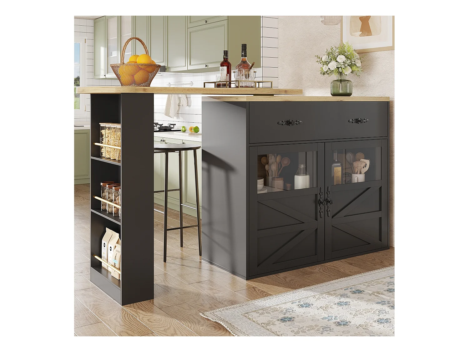 Meuble de bar rotatif - Table de bar extensible avec 1 tiroirs et 2 porte vitrée - rangement ouvert - noir