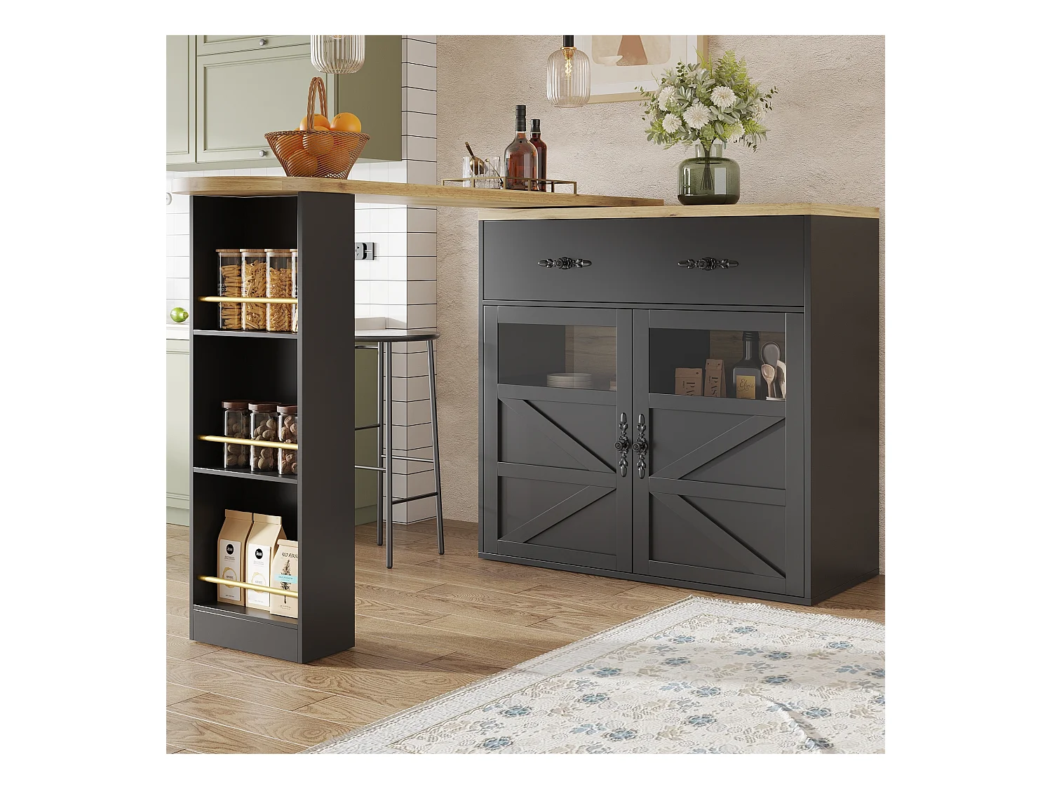 Meuble de bar rotatif - Table de bar extensible avec 1 tiroirs et 2 porte vitrée - rangement ouvert - noir