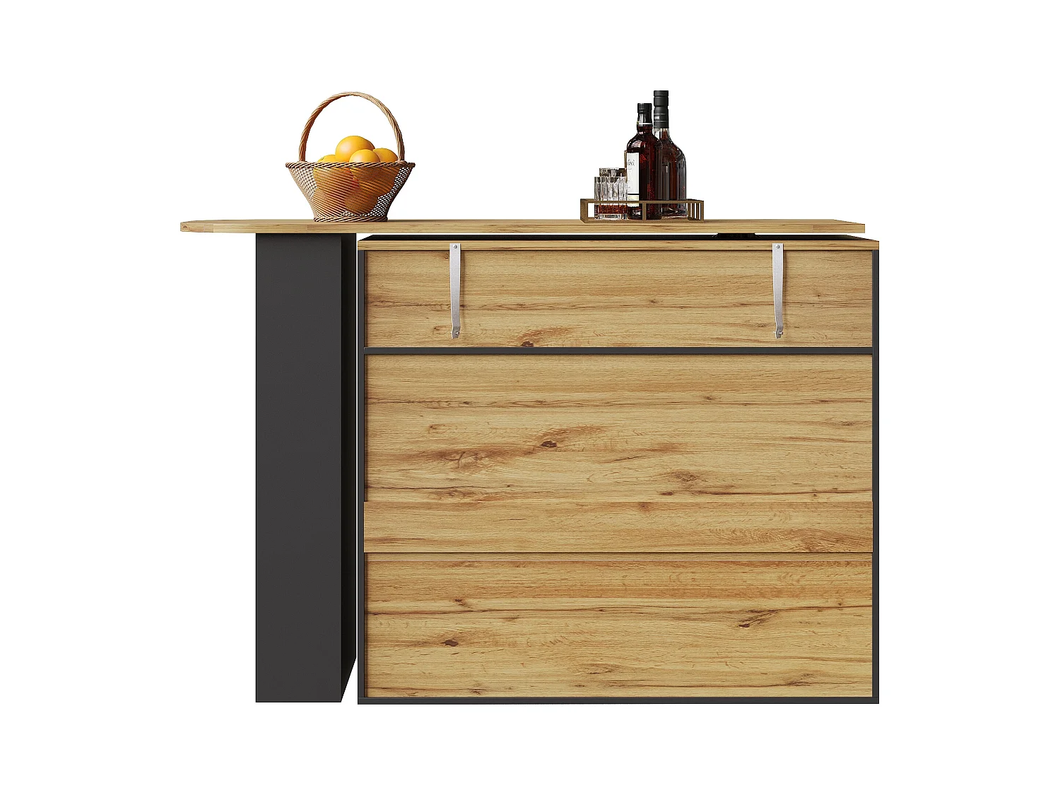 Meuble de bar rotatif - Table de bar extensible avec 1 tiroirs et 2 porte vitrée - rangement ouvert - noir