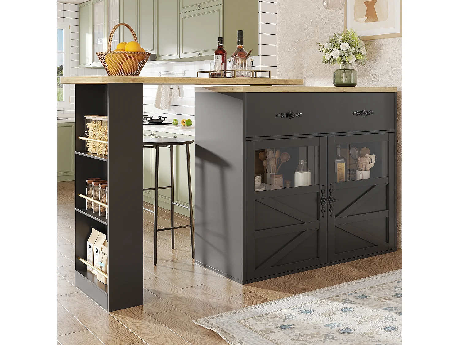 Meuble de bar rotatif - Table de bar extensible avec 1 tiroirs et 2 porte vitrée - rangement ouvert - noir