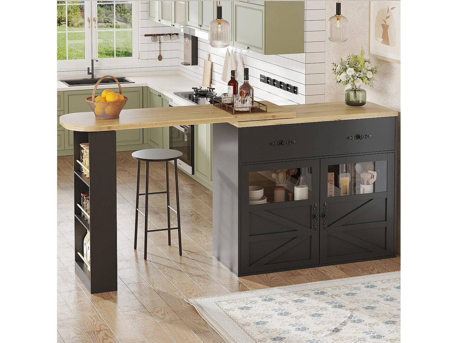 Meuble de bar rotatif - Table de bar extensible avec 1 tiroirs et 2 porte vitrée - rangement ouvert - noir