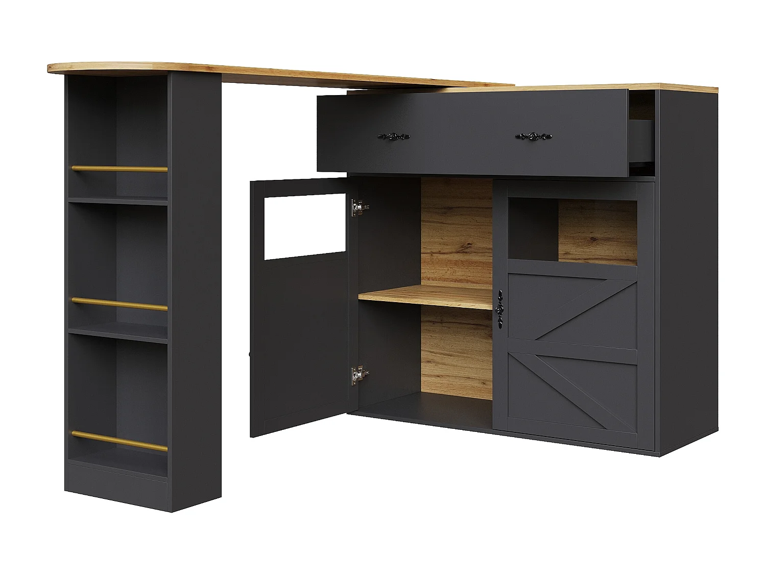 Meuble de bar rotatif - Table de bar extensible avec 1 tiroirs et 2 porte vitrée - rangement ouvert - noir