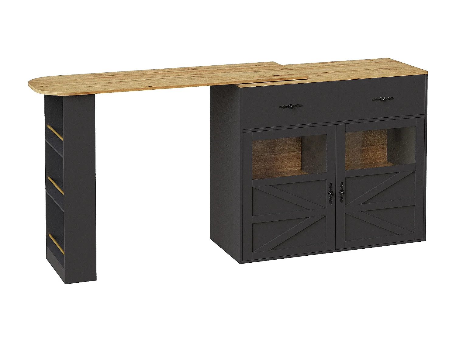 Meuble de bar rotatif - Table de bar extensible avec 1 tiroirs et 2 porte vitrée - rangement ouvert - noir