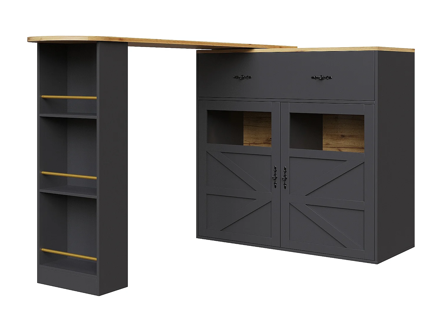 Meuble de bar rotatif - Table de bar extensible avec 1 tiroirs et 2 porte vitrée - rangement ouvert - noir