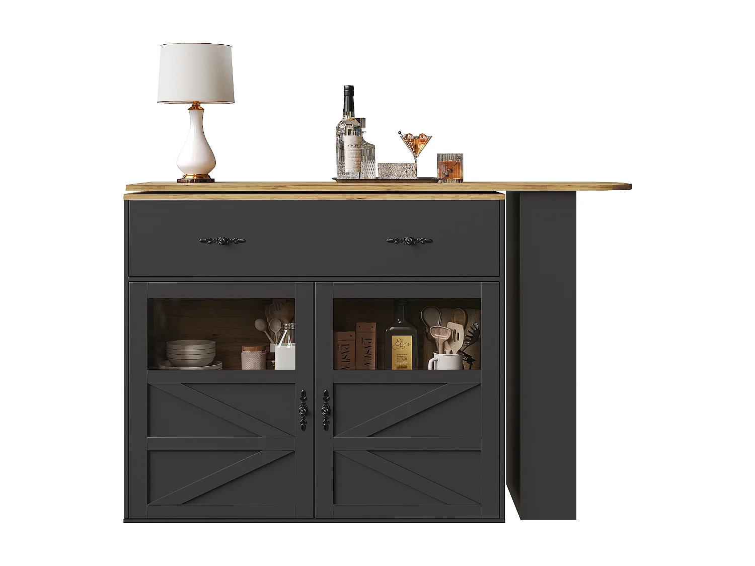 Meuble de bar rotatif - Table de bar extensible avec 1 tiroirs et 2 porte vitrée - rangement ouvert - noir