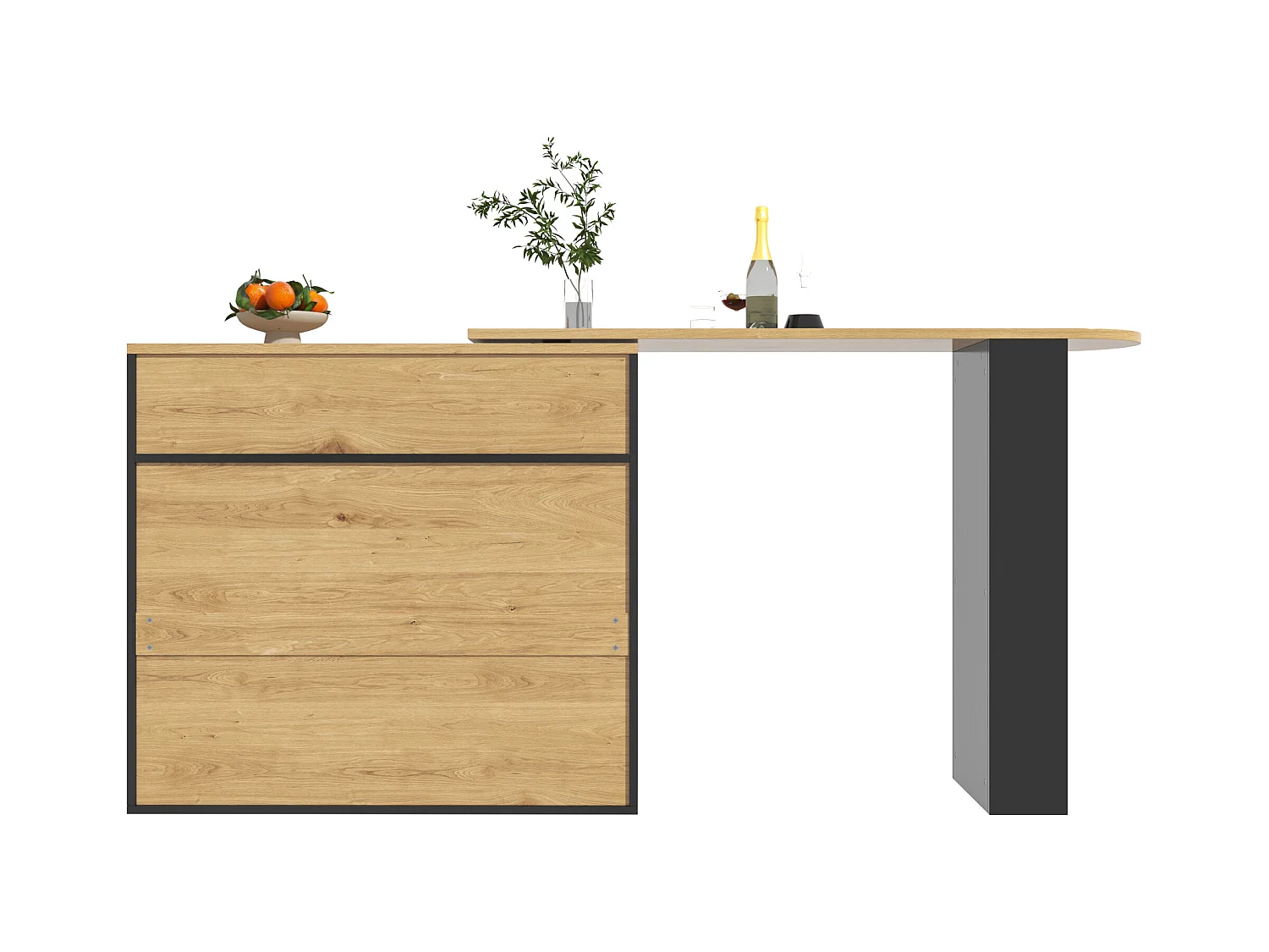Meuble de bar rotatif - Table de bar extensible avec 1 tiroirs et 2 porte vitrée - rangement ouvert - noir