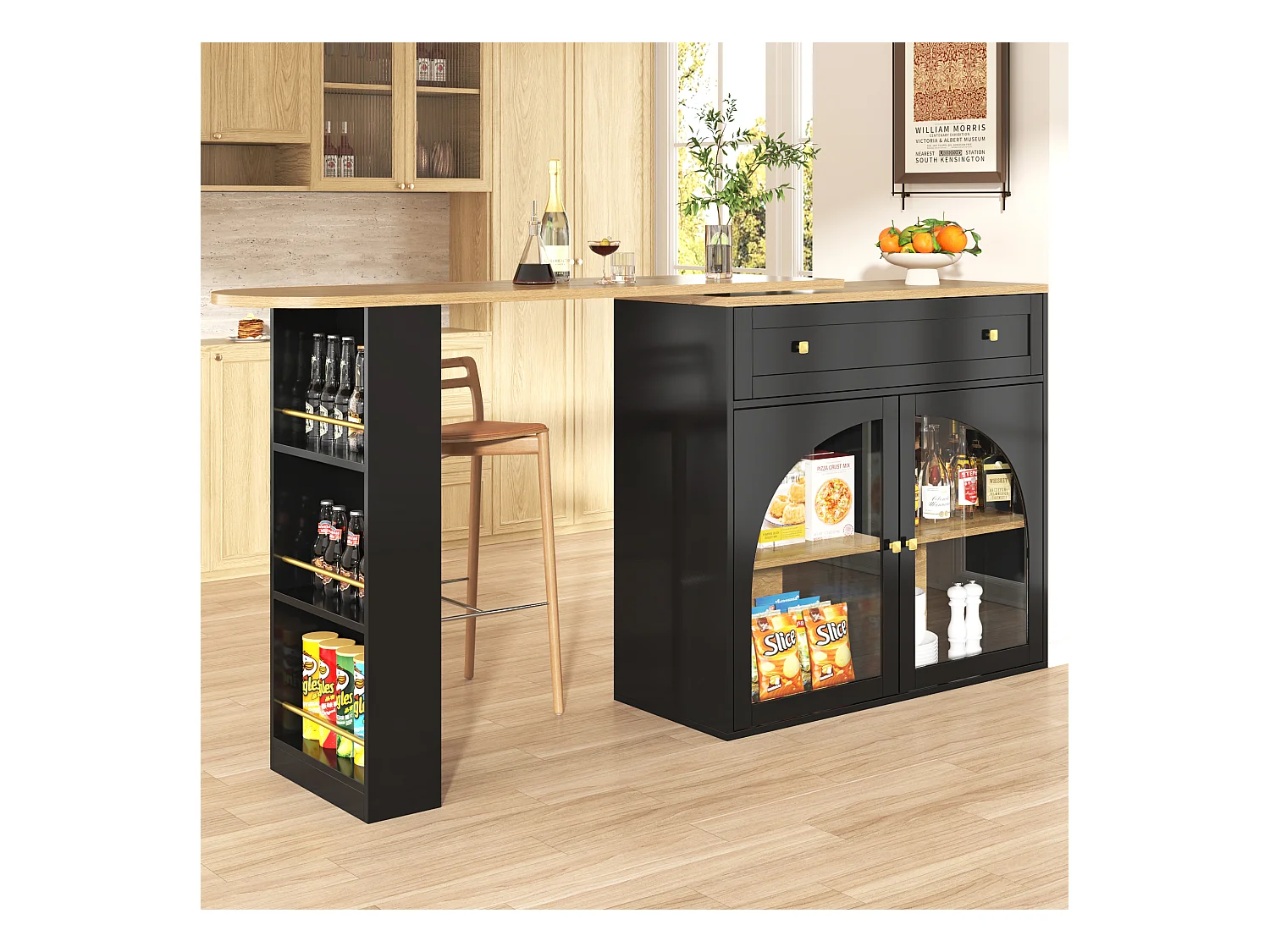 Meuble de bar rotatif - Table de bar extensible avec 1 tiroirs et 2 porte vitrée - rangement ouvert - noir