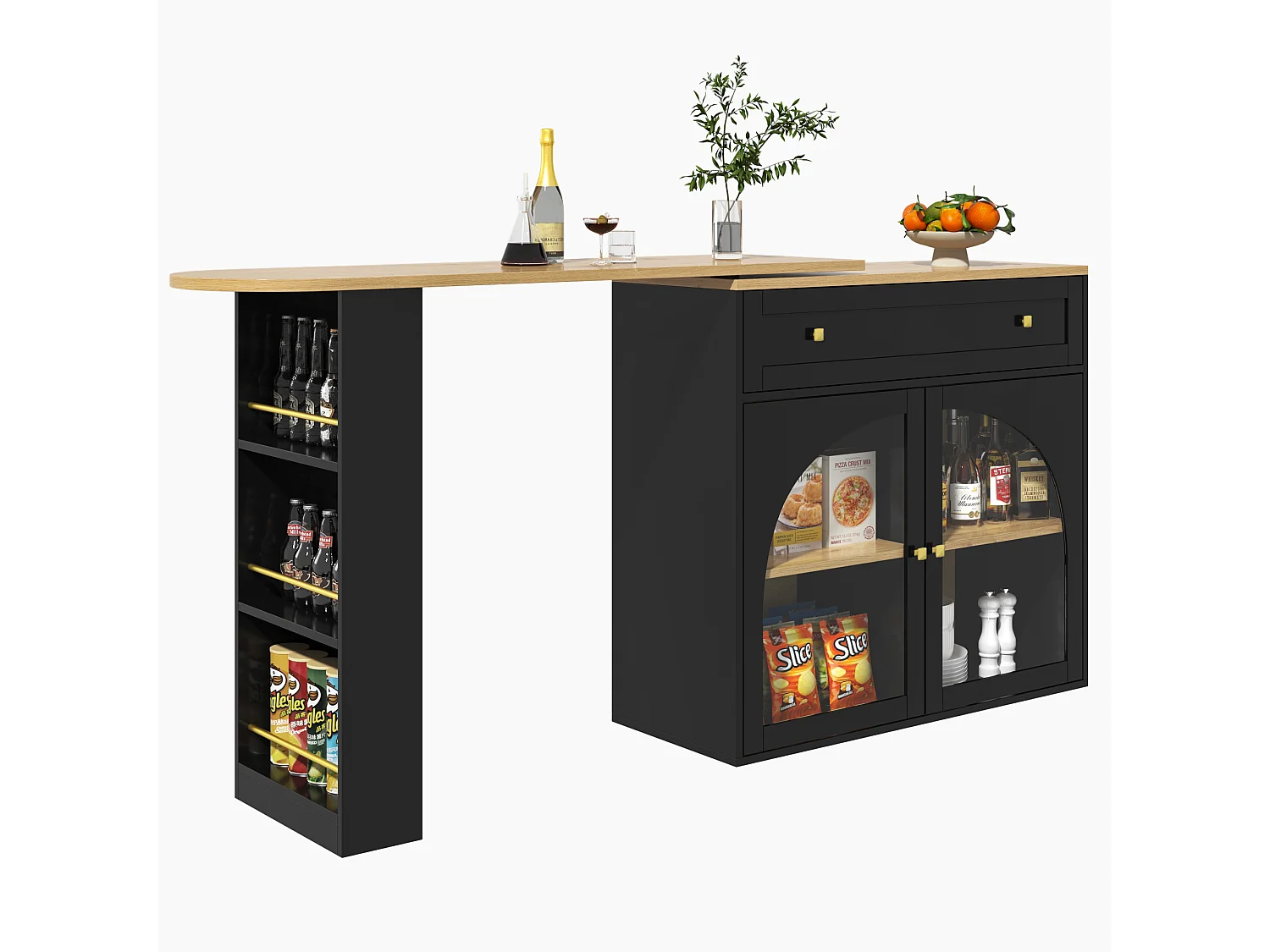 Meuble de bar rotatif - Table de bar extensible avec 1 tiroirs et 2 porte vitrée - rangement ouvert - noir