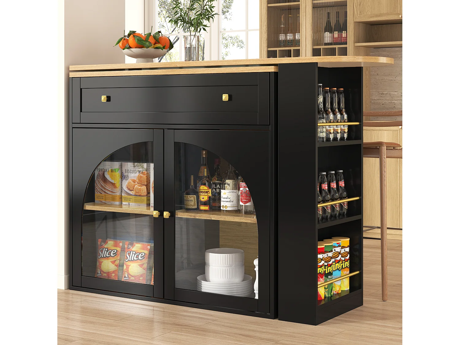 Meuble de bar rotatif - Table de bar extensible avec 1 tiroirs et 2 porte vitrée - rangement ouvert - noir