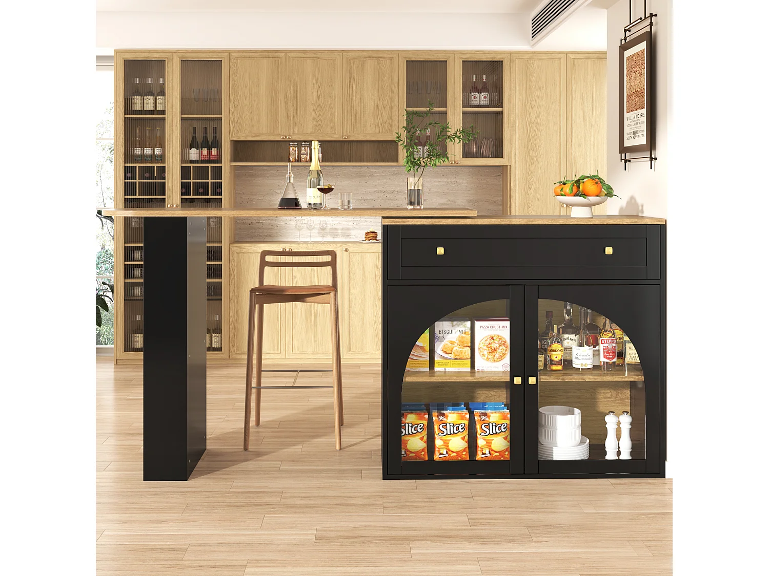 Meuble de bar rotatif - Table de bar extensible avec 1 tiroirs et 2 porte vitrée - rangement ouvert - noir