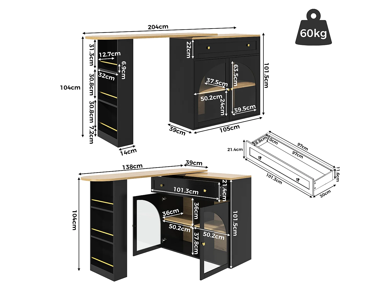 Meuble de bar rotatif - Table de bar extensible avec 1 tiroirs et 2 porte vitrée - rangement ouvert - noir