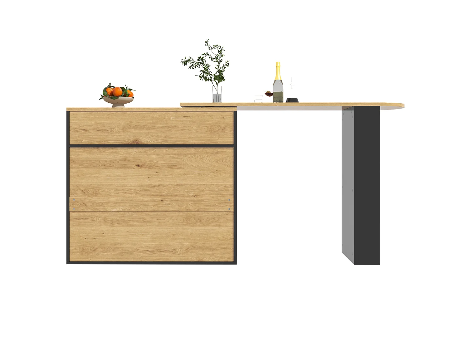 Meuble de bar rotatif - Table de bar extensible avec 1 tiroirs et 2 porte vitrée - rangement ouvert - noir