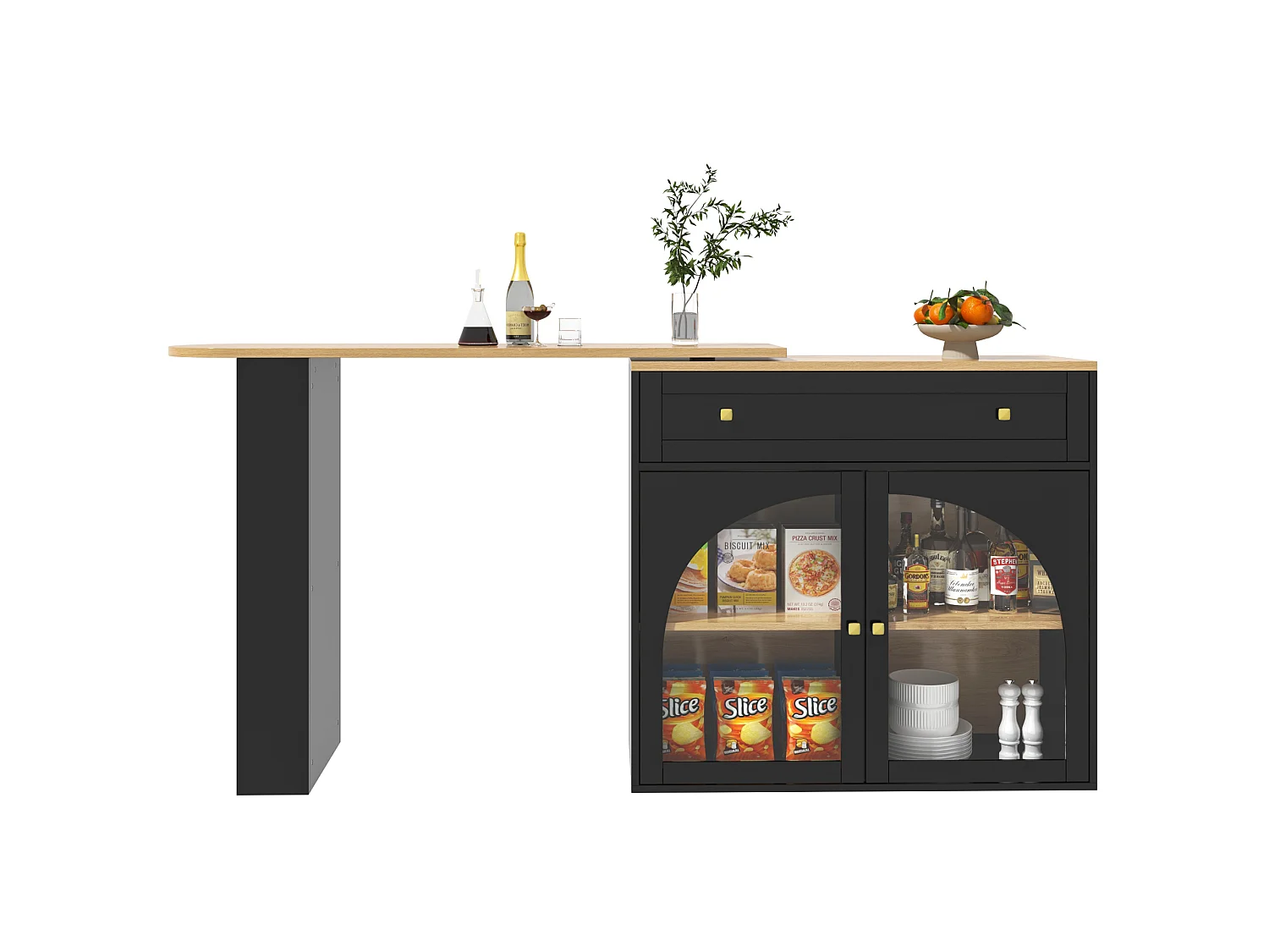Meuble de bar rotatif - Table de bar extensible avec 1 tiroirs et 2 porte vitrée - rangement ouvert - noir