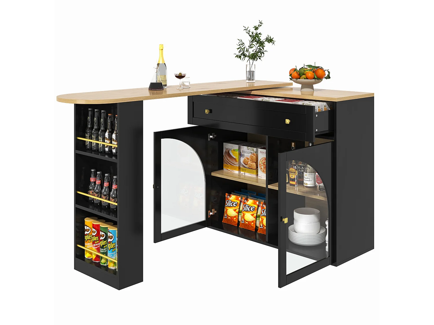 Meuble de bar rotatif - Table de bar extensible avec 1 tiroirs et 2 porte vitrée - rangement ouvert - noir