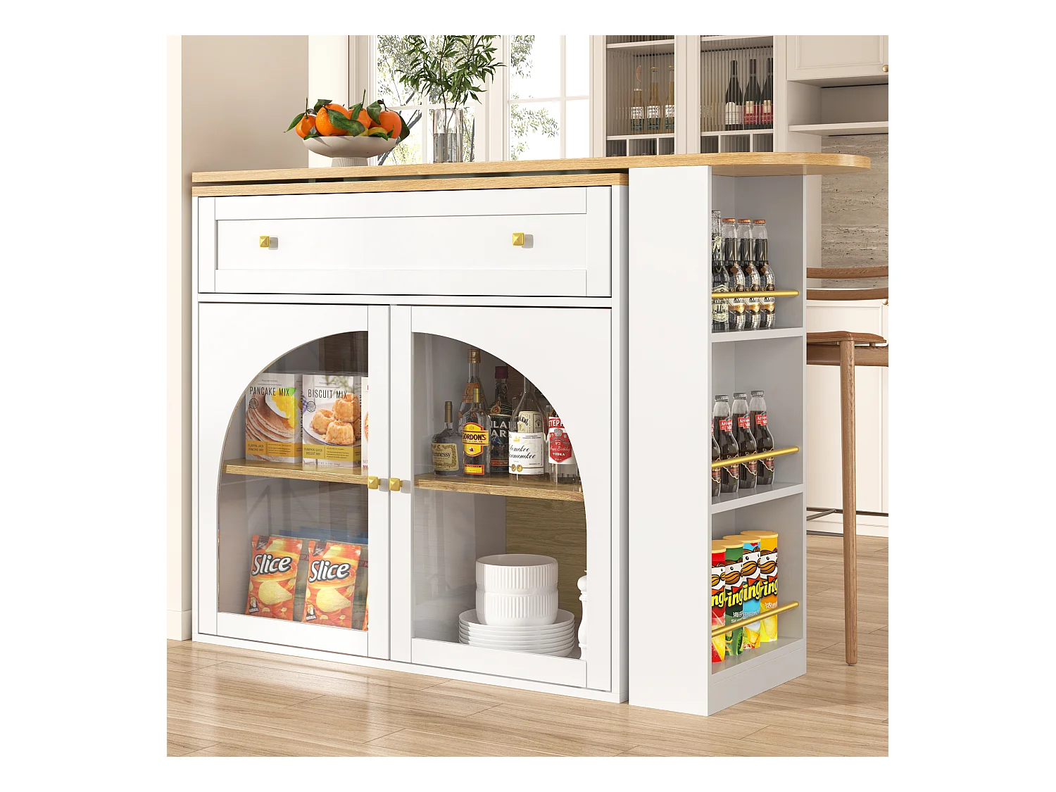 Meuble de bar rotatif - Table de bar extensible avec 1 tiroirs et 2 porte vitrée - rangement ouvert - blanc