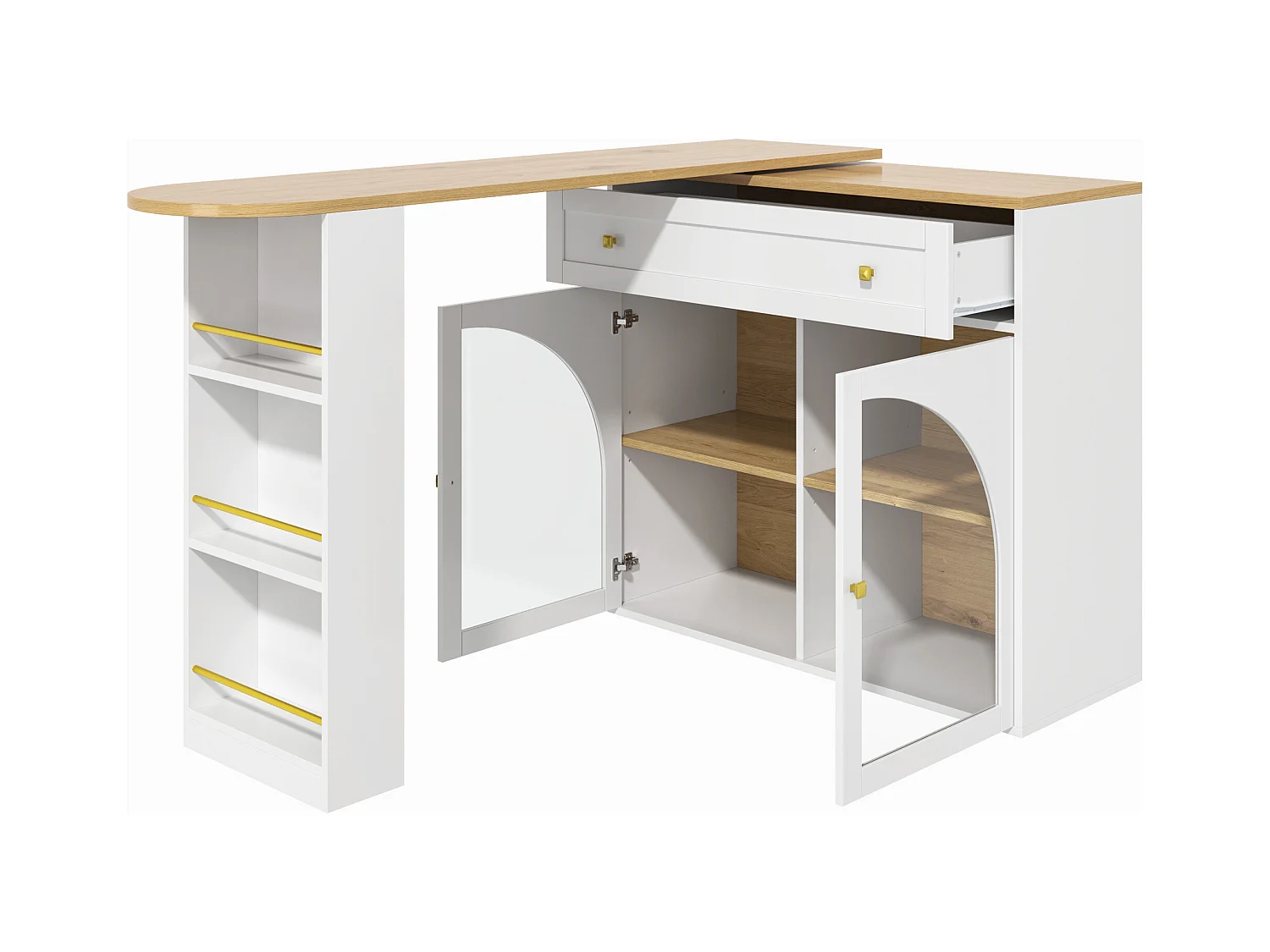 Meuble de bar rotatif - Table de bar extensible avec 1 tiroirs et 2 porte vitrée - rangement ouvert - blanc