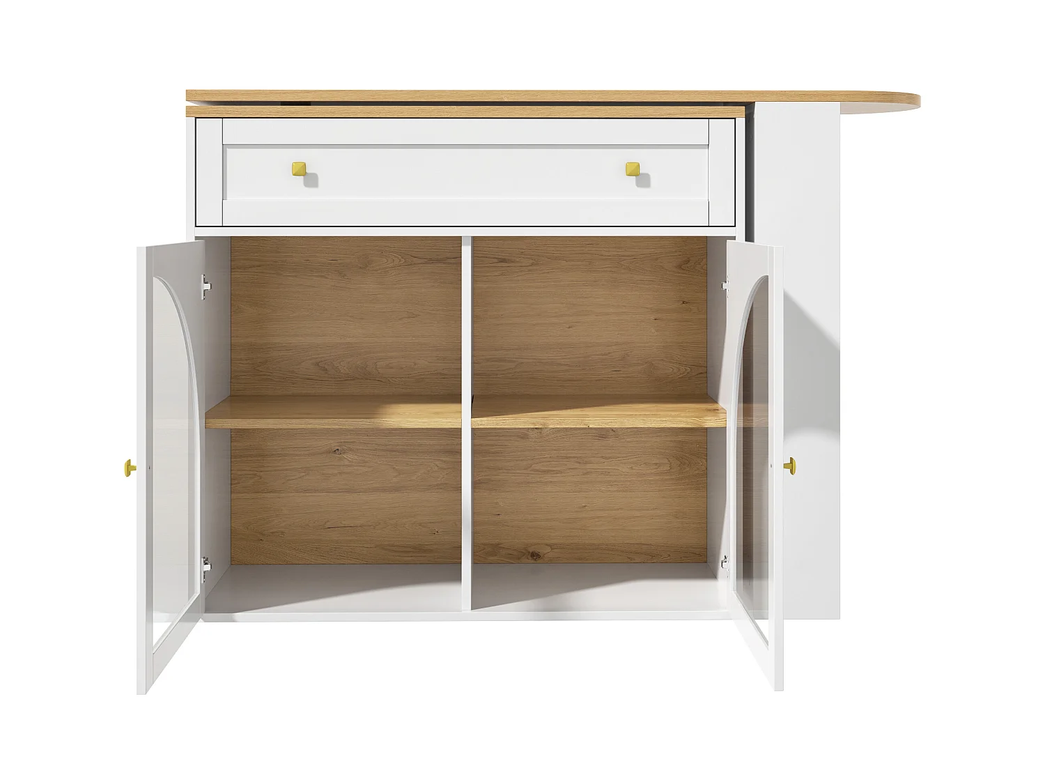 Meuble de bar rotatif - Table de bar extensible avec 1 tiroirs et 2 porte vitrée - rangement ouvert - blanc