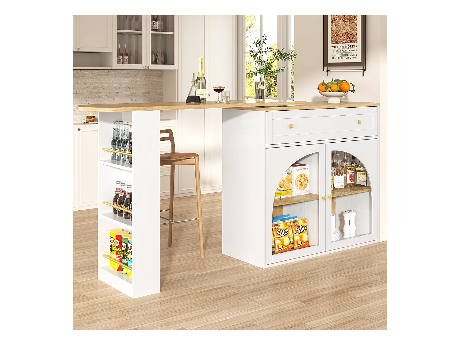 Meuble de bar rotatif - Table de bar extensible avec 1 tiroirs et 2 porte vitrée - rangement ouvert - blanc