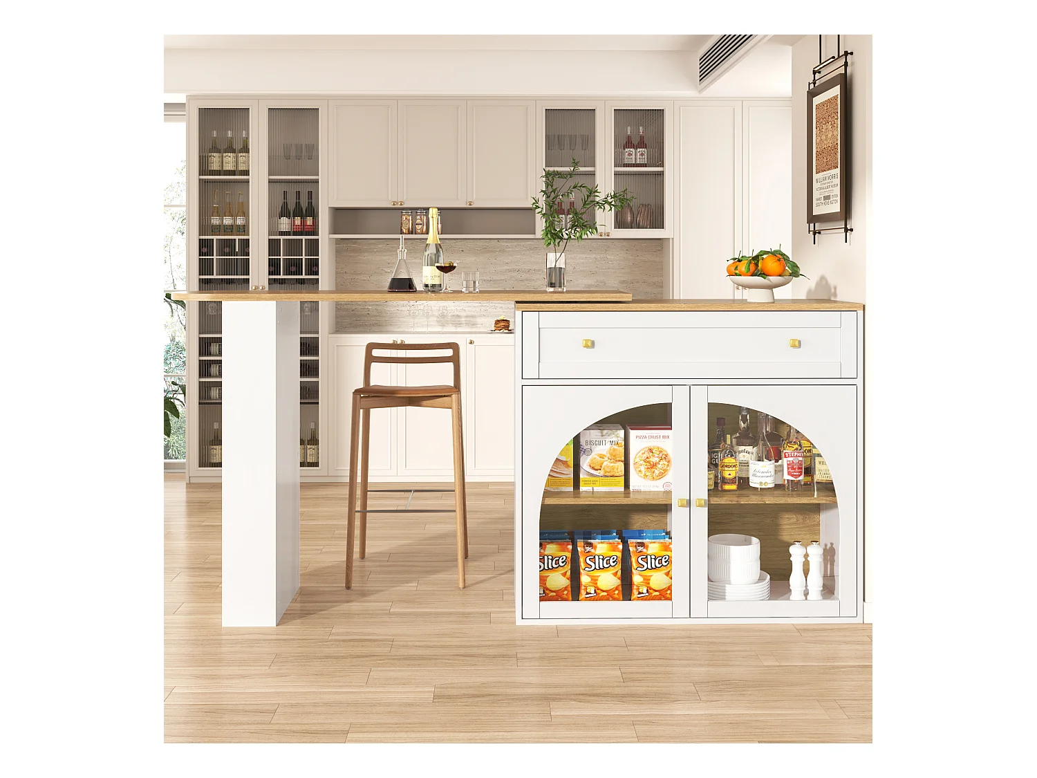 Meuble de bar rotatif - Table de bar extensible avec 1 tiroirs et 2 porte vitrée - rangement ouvert - blanc