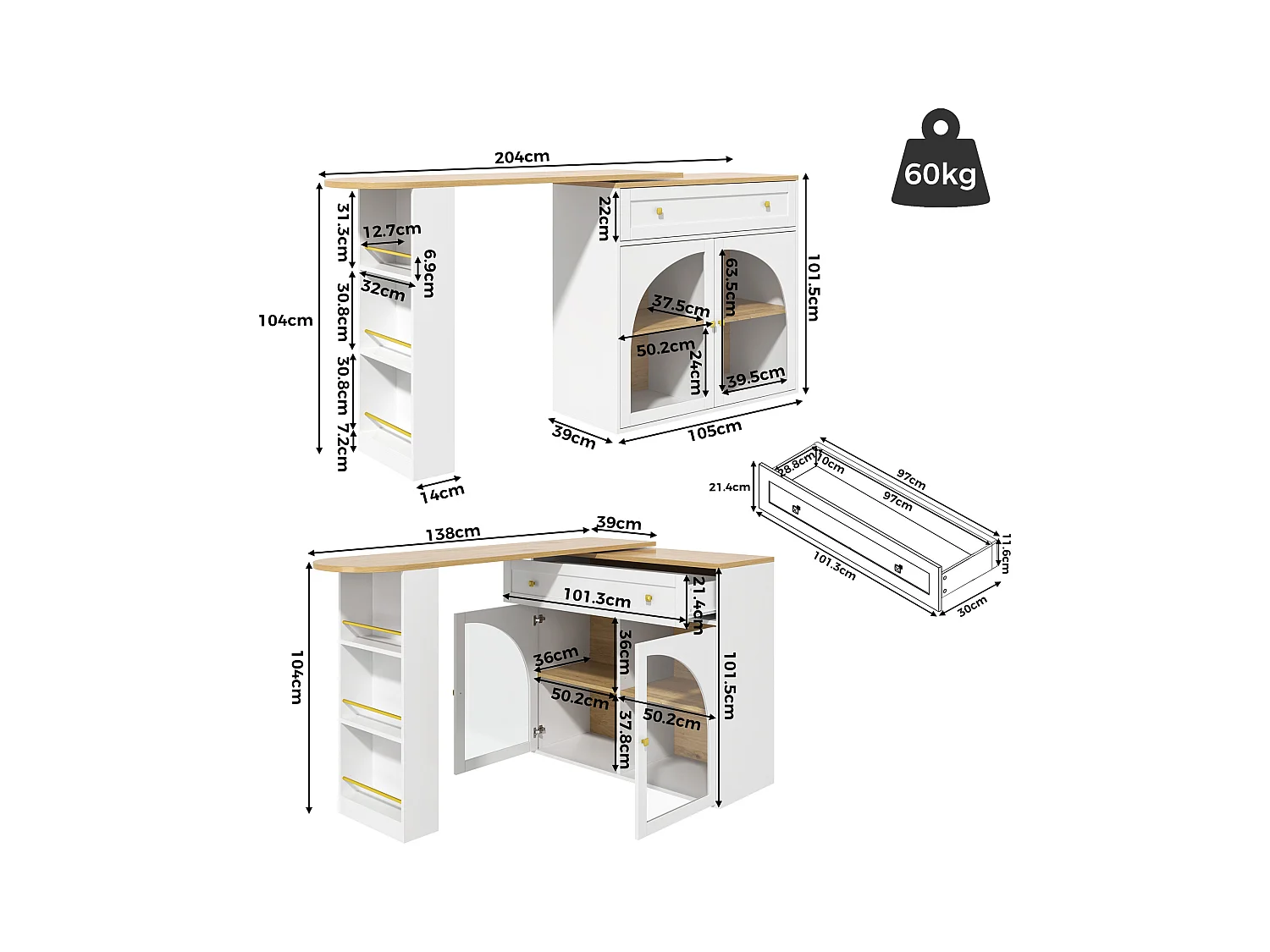 Meuble de bar rotatif - Table de bar extensible avec 1 tiroirs et 2 porte vitrée - rangement ouvert - blanc