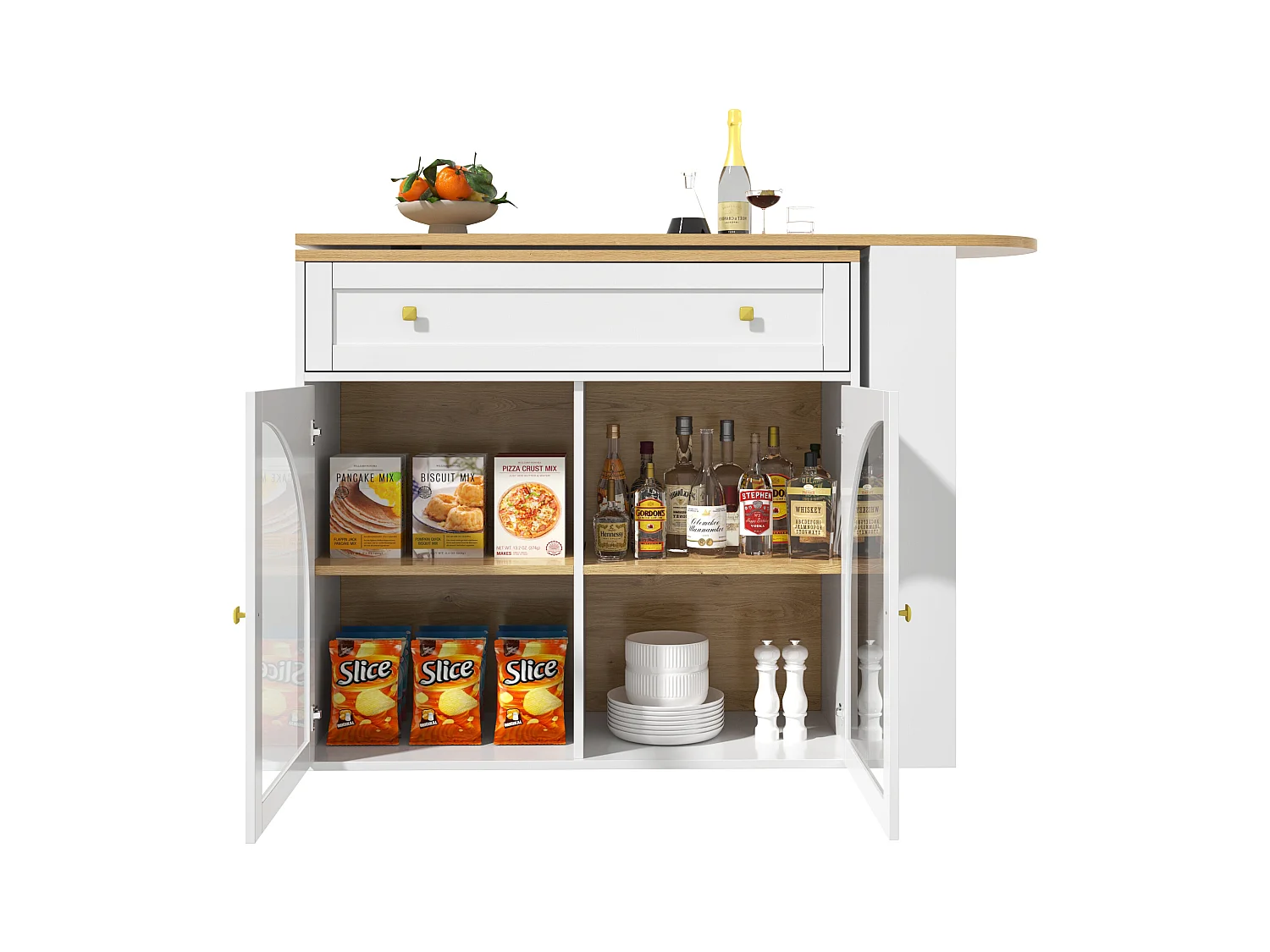 Meuble de bar rotatif - Table de bar extensible avec 1 tiroirs et 2 porte vitrée - rangement ouvert - blanc