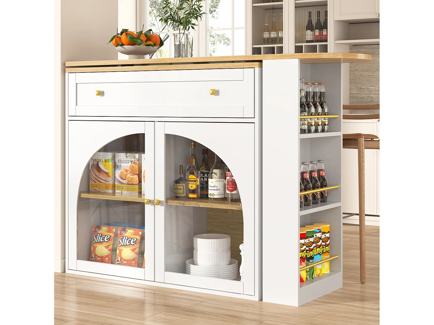 Meuble de bar rotatif - Table de bar extensible avec 1 tiroirs et 2 porte vitrée - rangement ouvert - blanc