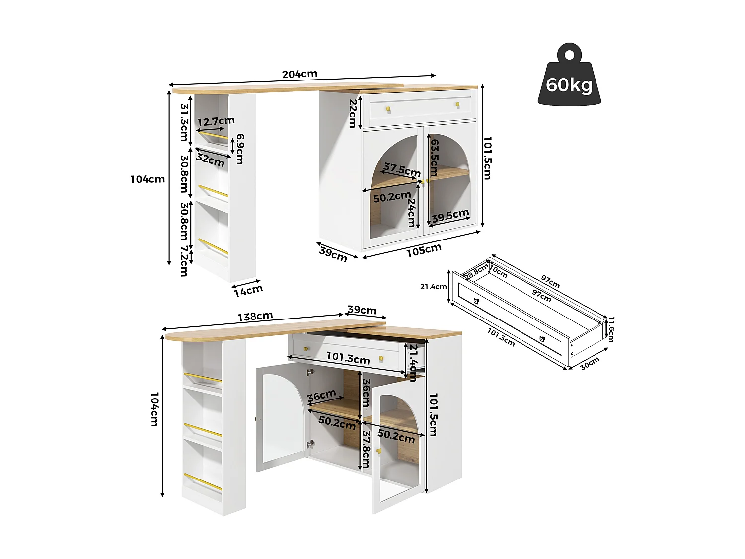 Meuble de bar rotatif - Table de bar extensible avec 1 tiroirs et 2 porte vitrée - rangement ouvert - blanc