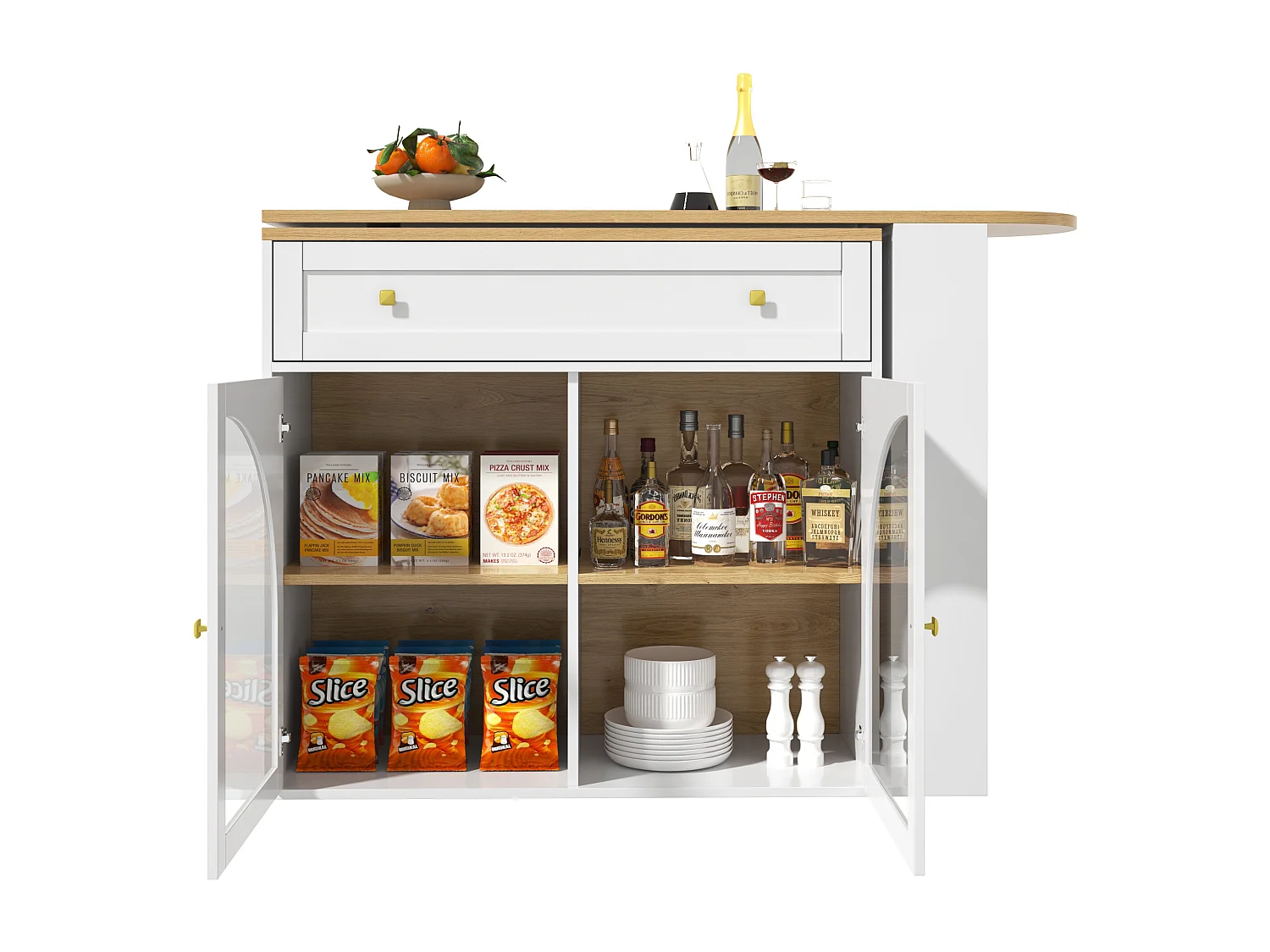 Meuble de bar rotatif - Table de bar extensible avec 1 tiroirs et 2 porte vitrée - rangement ouvert - blanc