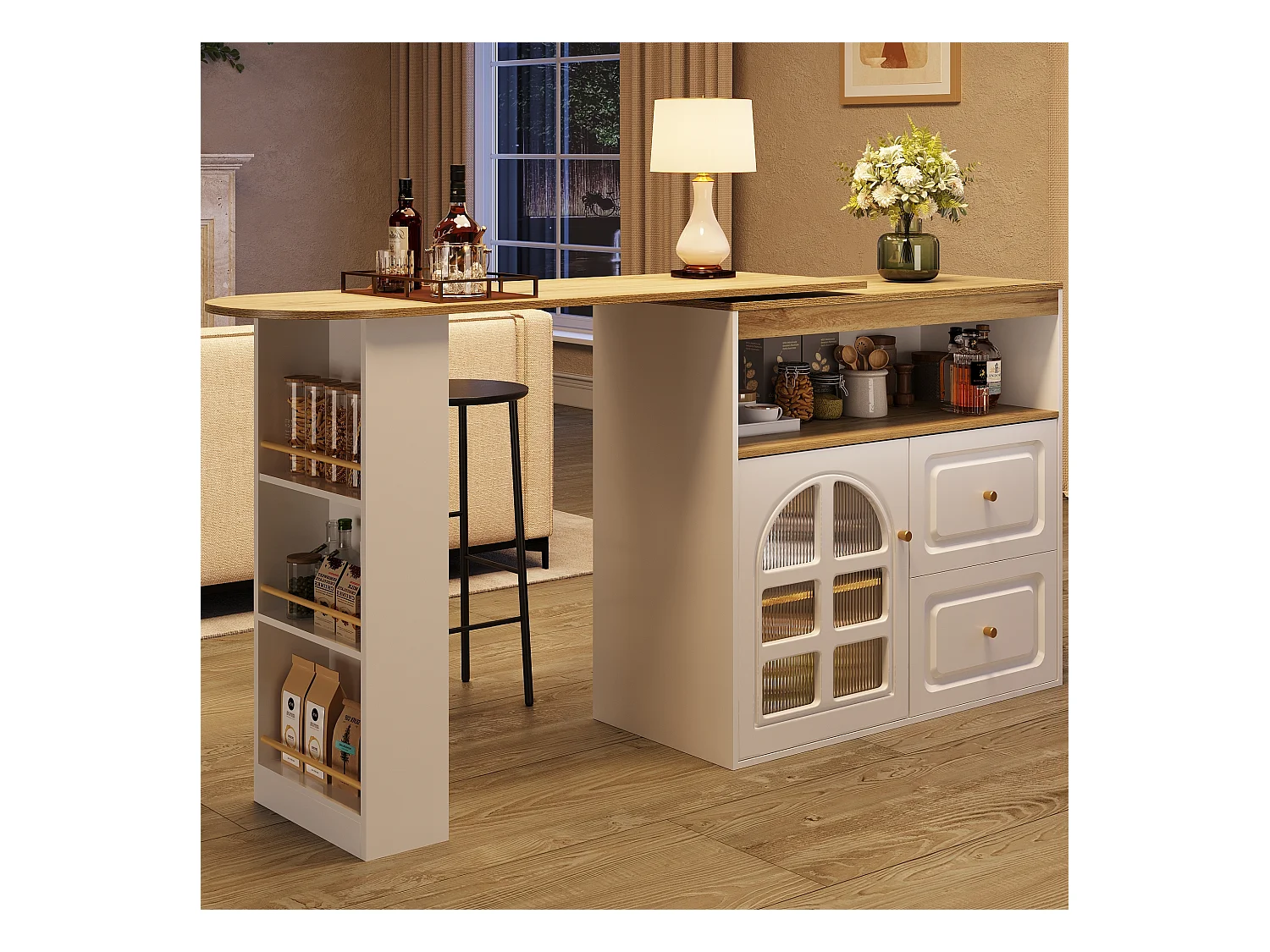 Mueble bar giratorio - Mesa de bar extensible con 2 cajones y 1 puerta de cristal - almacenamiento abierto - blanco