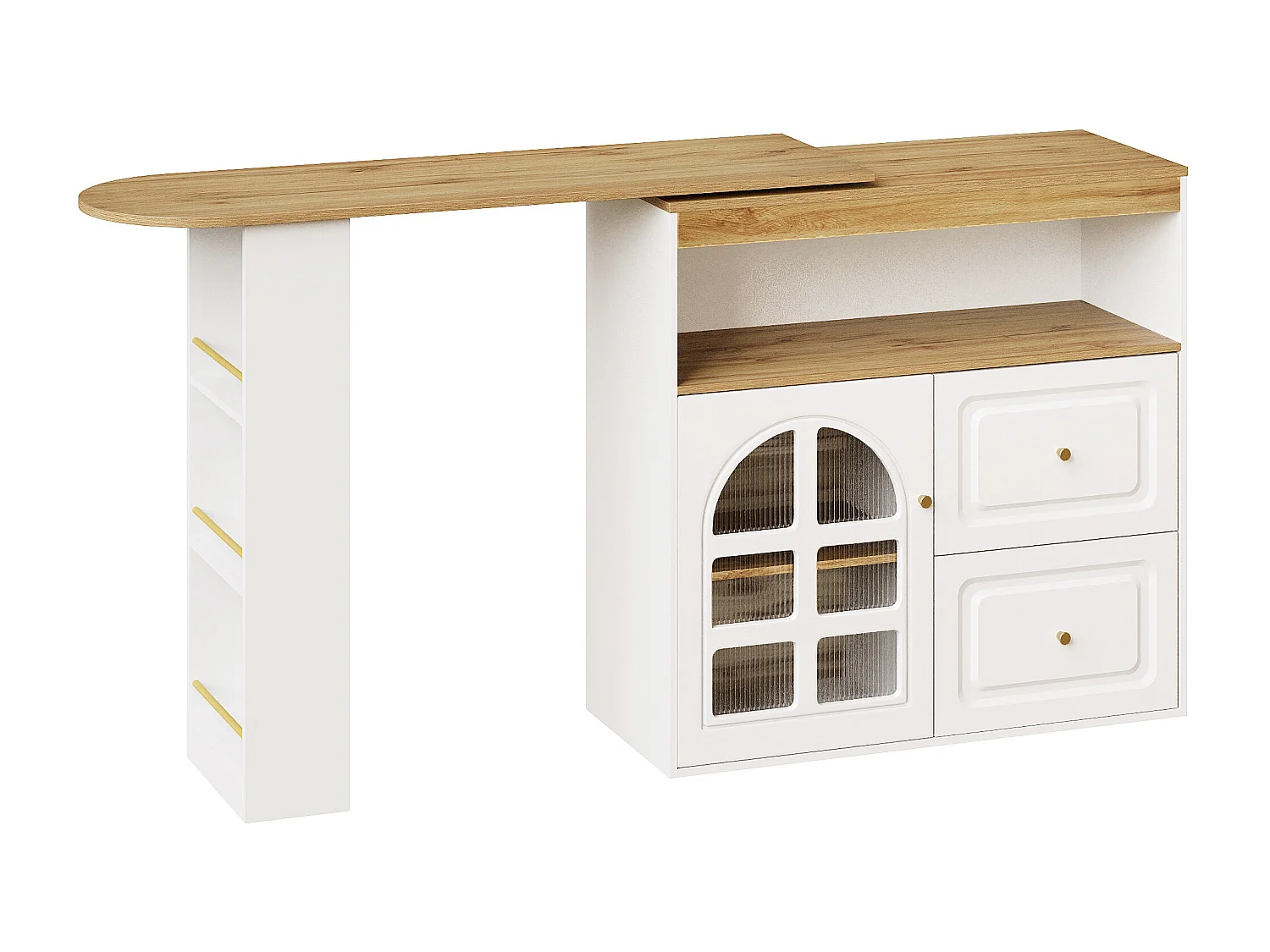 Mueble bar giratorio - Mesa de bar extensible con 2 cajones y 1 puerta de cristal - almacenamiento abierto - blanco