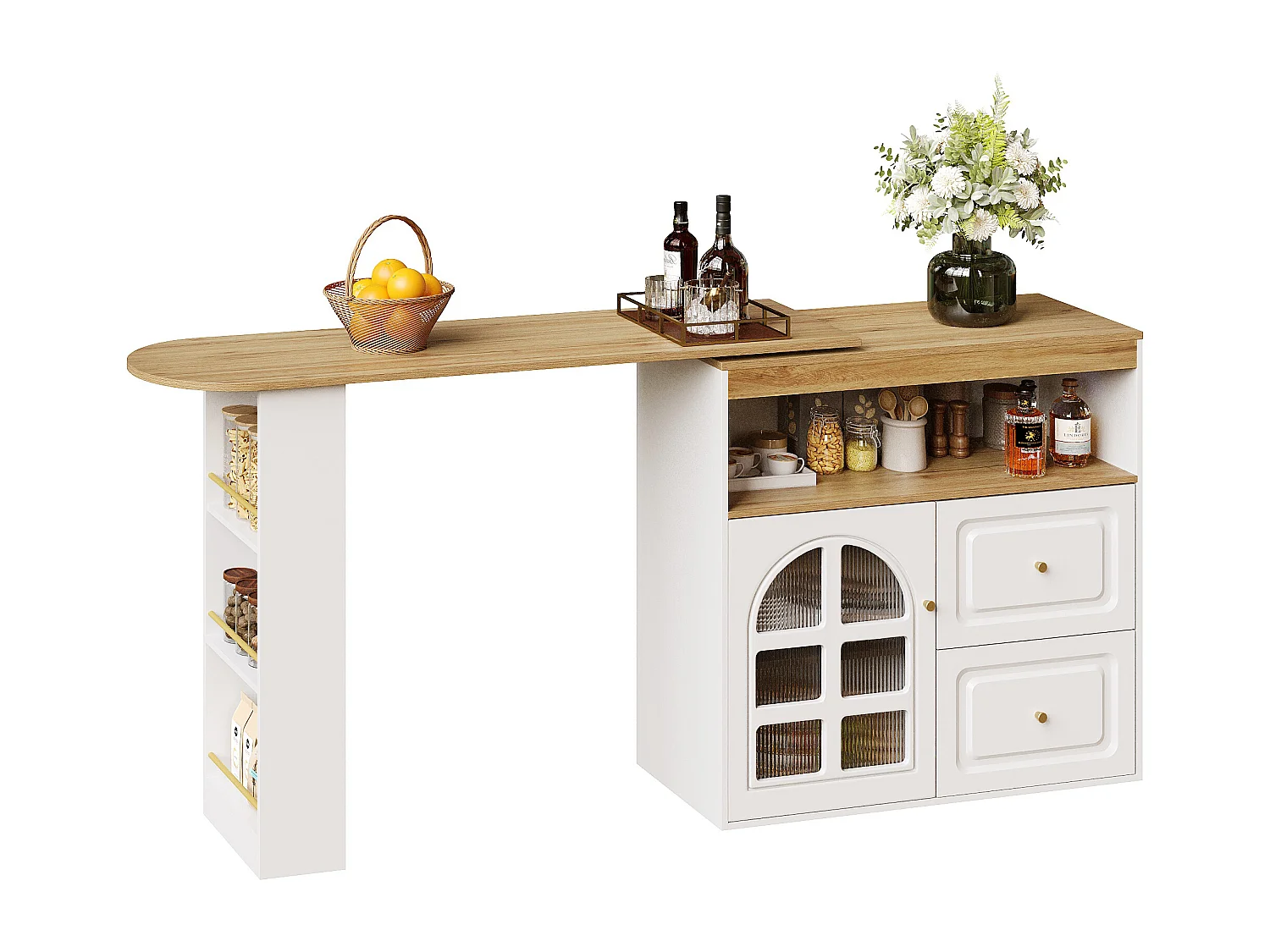 Mueble bar giratorio - Mesa de bar extensible con 2 cajones y 1 puerta de cristal - almacenamiento abierto - blanco