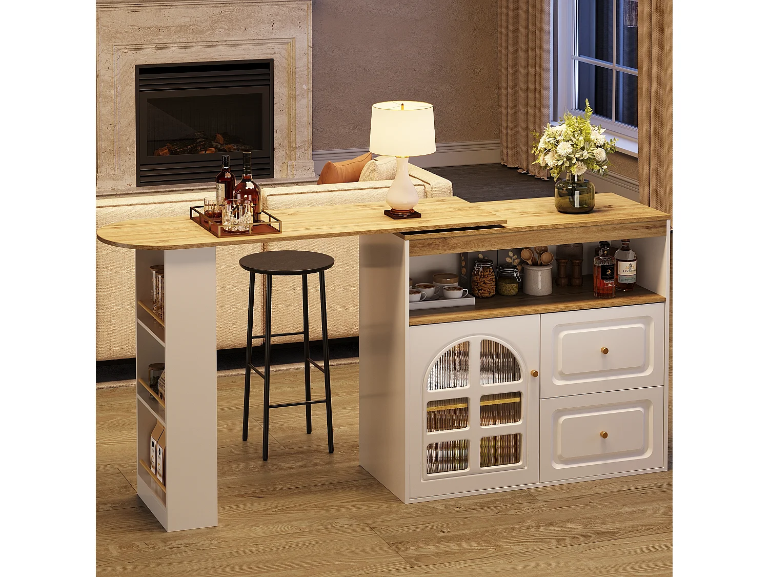 Meuble de bar rotatif - Table de bar extensible avec 2 tiroirs et 1 porte vitrée - rangement ouvert - blanc