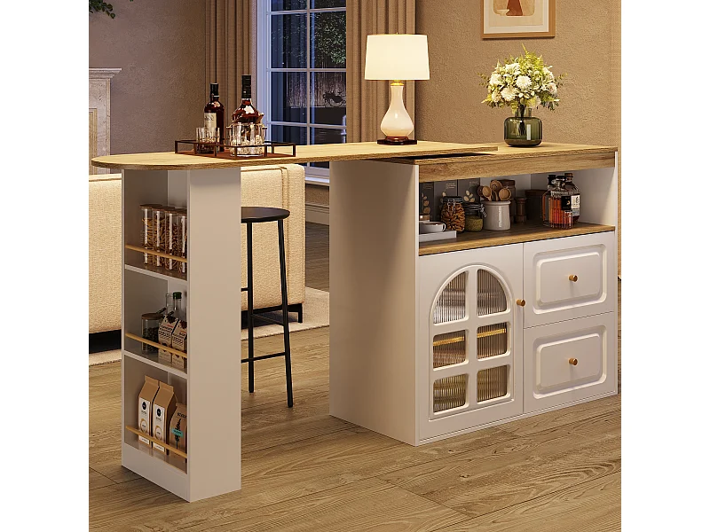 Meuble de bar rotatif - Table de bar extensible avec 2 tiroirs et 1 porte vitrée - rangement ouvert - blanc