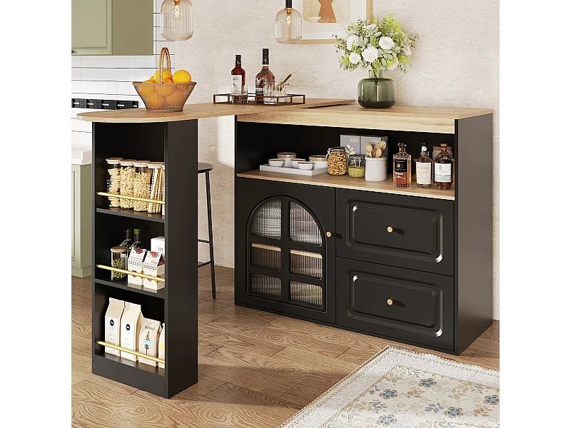 Mueble bar giratorio - Mesa de bar extensible con 2 cajones y 1 puerta de cristal - almacenamiento abierto - negro