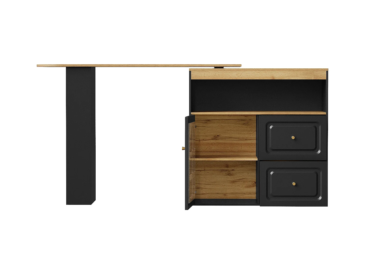 Meuble de bar rotatif - Table de bar extensible avec 2 tiroirs et 1 porte vitrée - rangement ouvert - noir