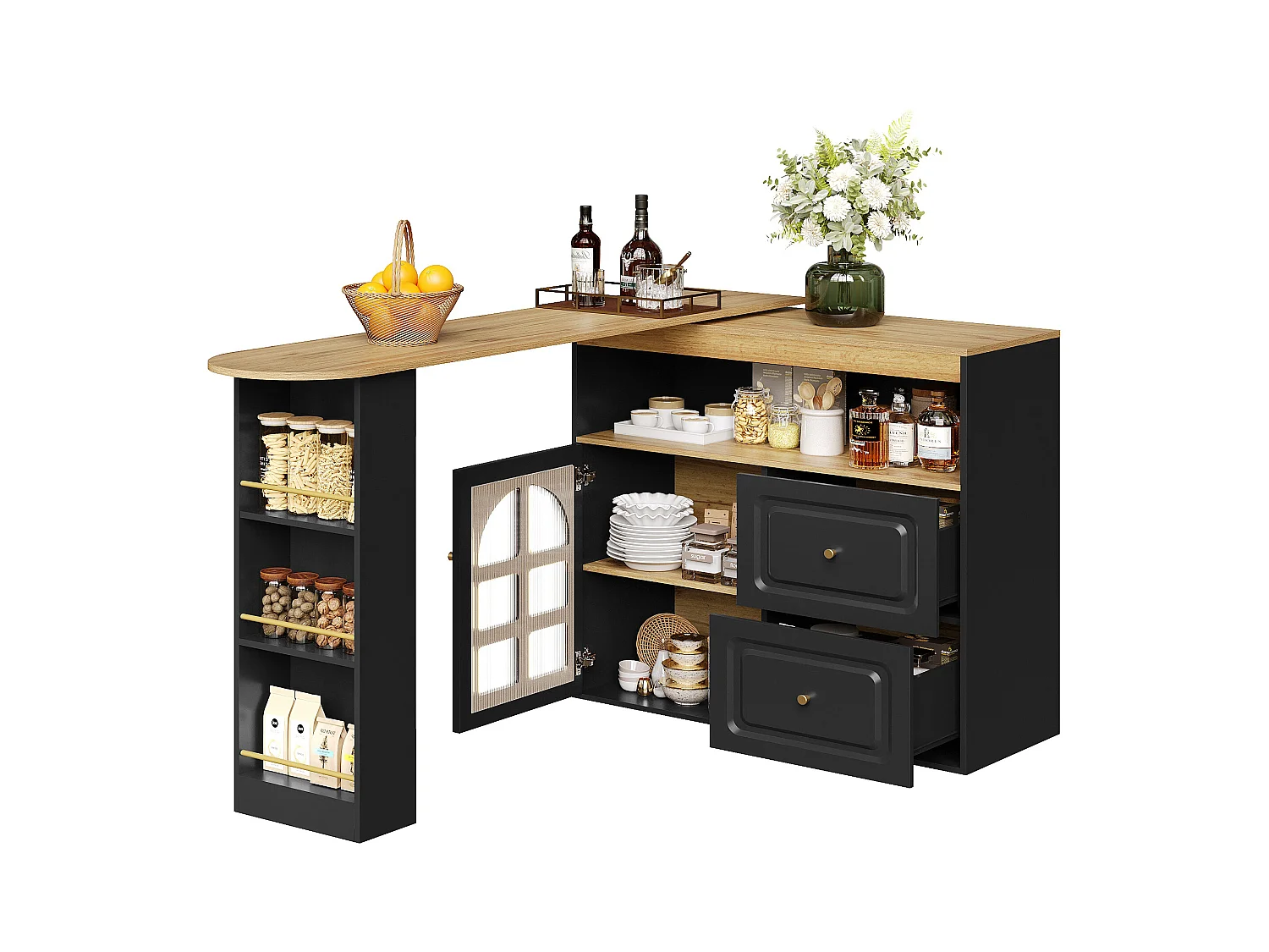Meuble de bar rotatif - Table de bar extensible avec 2 tiroirs et 1 porte vitrée - rangement ouvert - noir