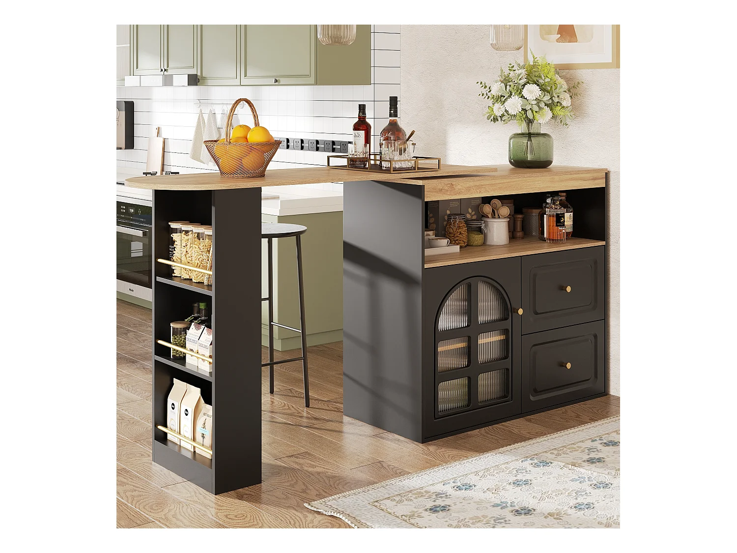 Meuble de bar rotatif - Table de bar extensible avec 2 tiroirs et 1 porte vitrée - rangement ouvert - noir