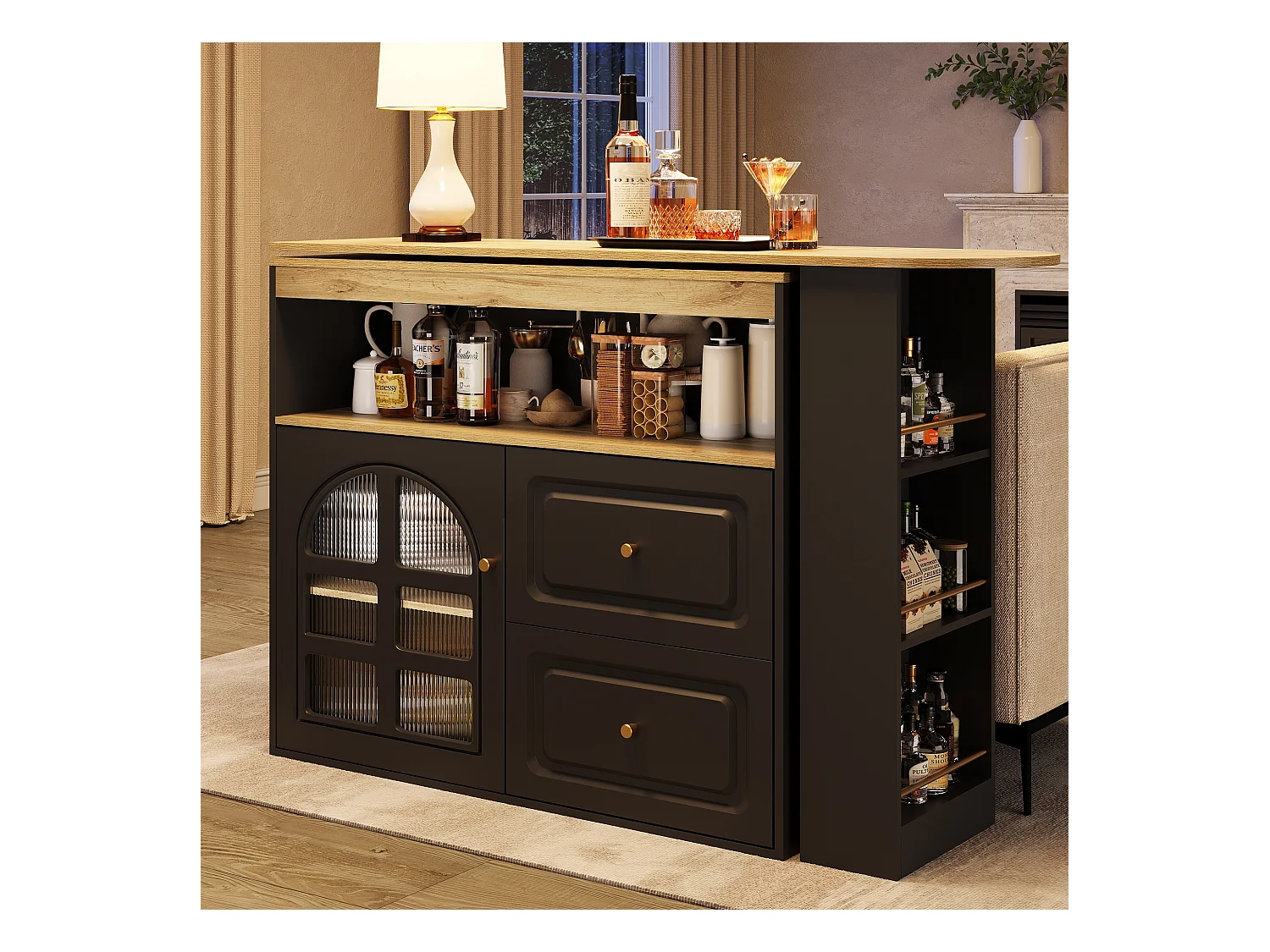 Meuble de bar rotatif - Table de bar extensible avec 2 tiroirs et 1 porte vitrée - rangement ouvert - noir