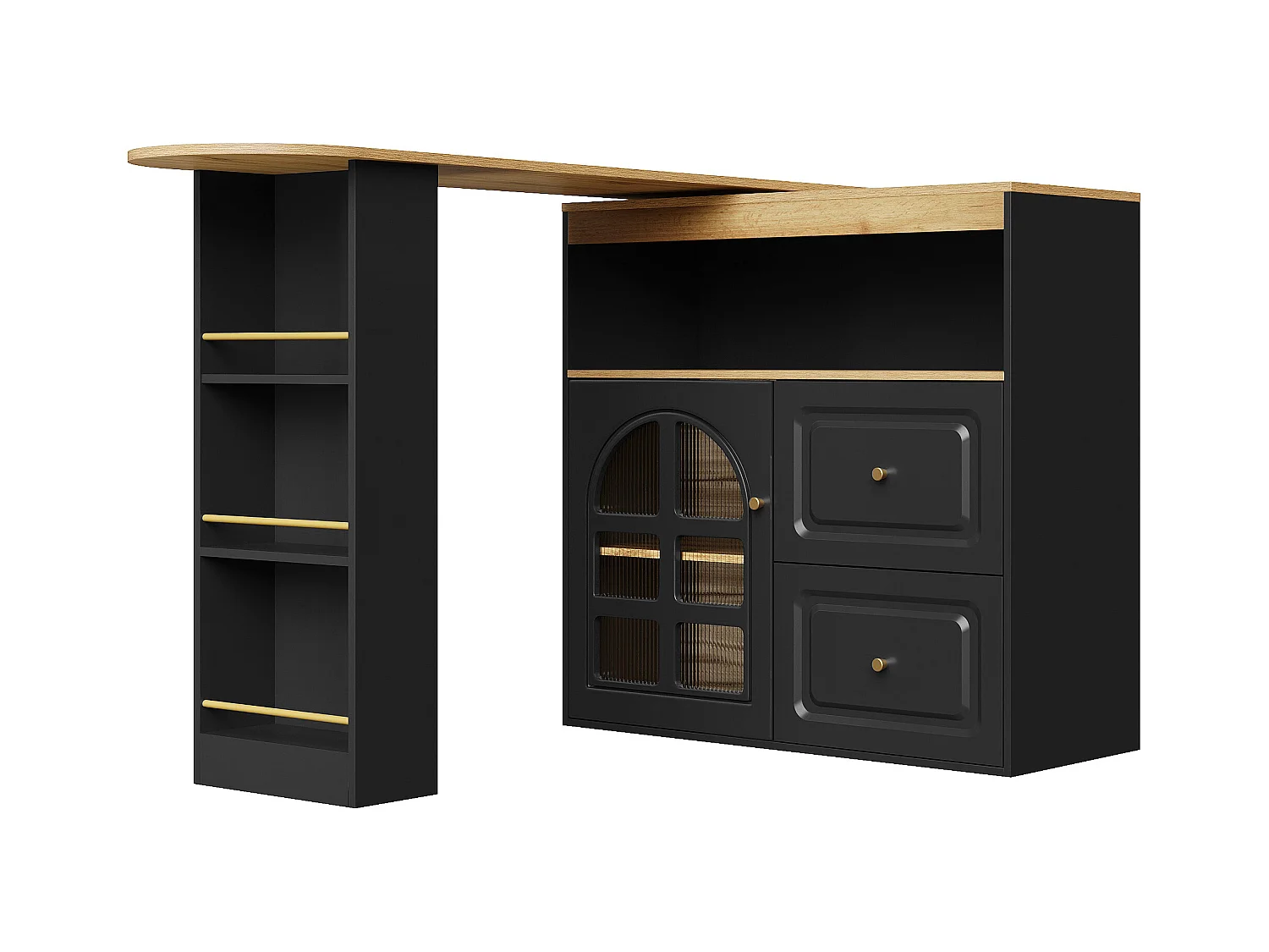 Meuble de bar rotatif - Table de bar extensible avec 2 tiroirs et 1 porte vitrée - rangement ouvert - noir