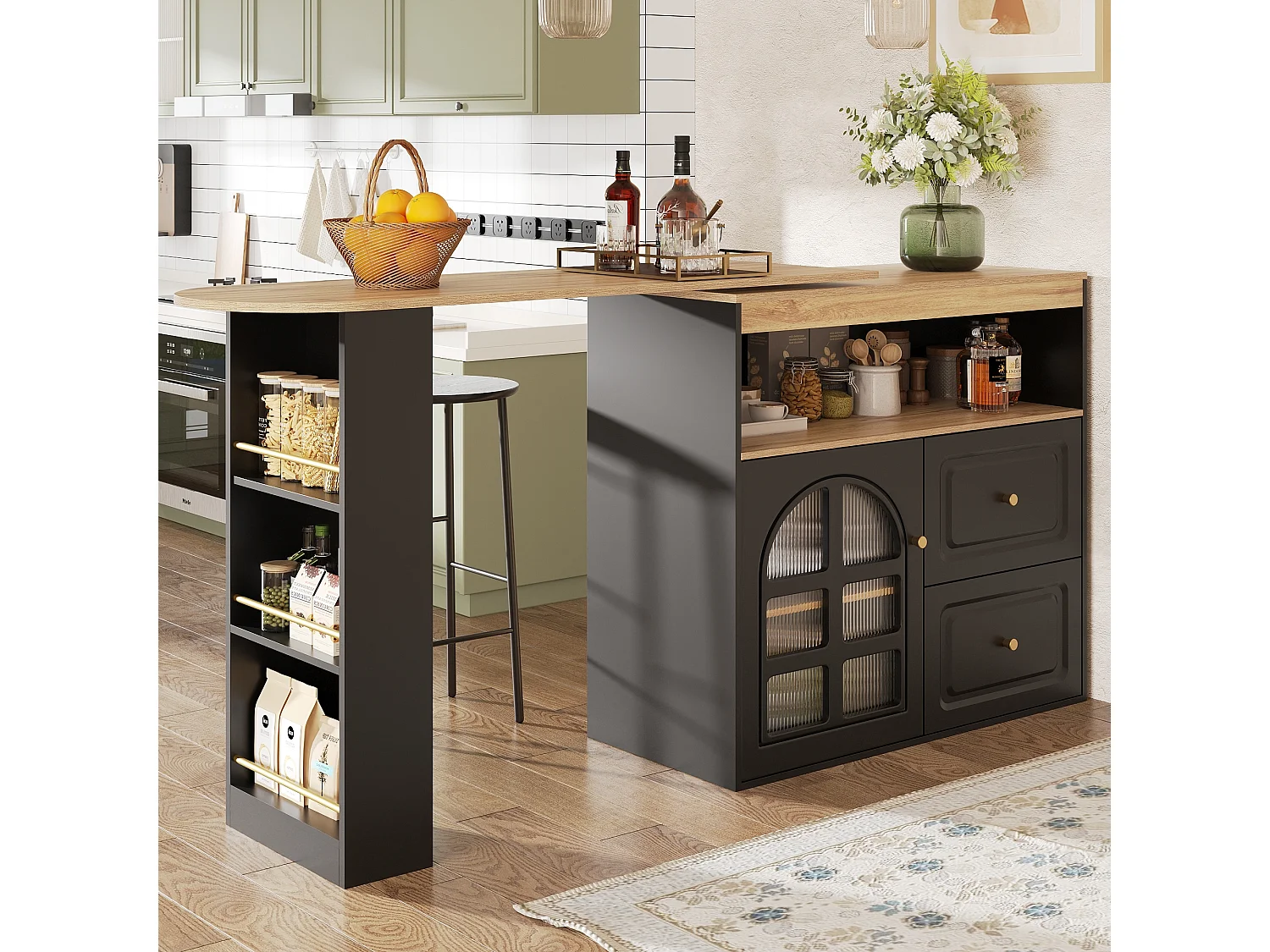 Meuble de bar rotatif - Table de bar extensible avec 2 tiroirs et 1 porte vitrée - rangement ouvert - noir