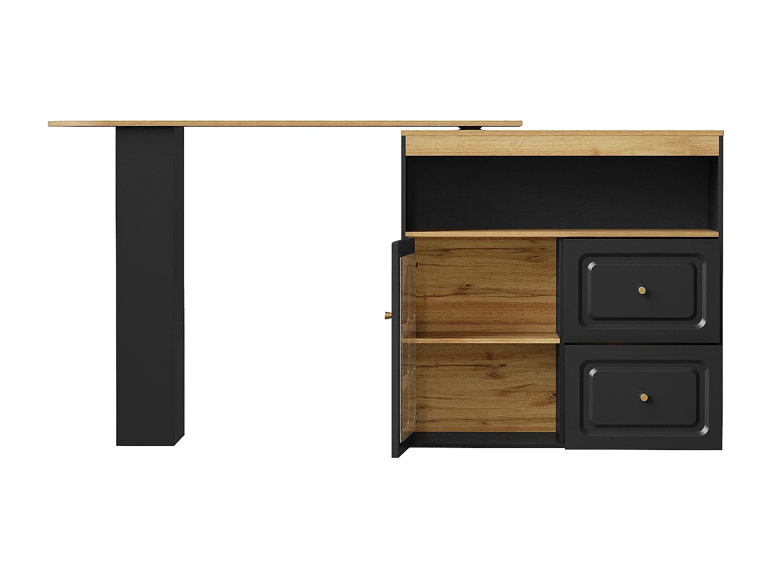 Meuble de bar rotatif - Table de bar extensible avec 2 tiroirs et 1 porte vitrée - rangement ouvert - noir