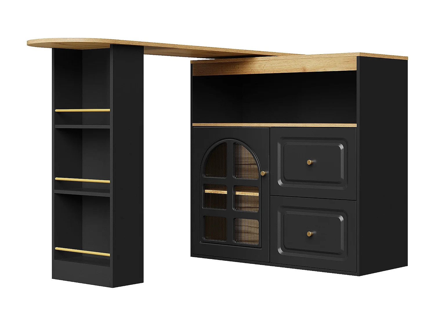 Meuble de bar rotatif - Table de bar extensible avec 2 tiroirs et 1 porte vitrée - rangement ouvert - noir