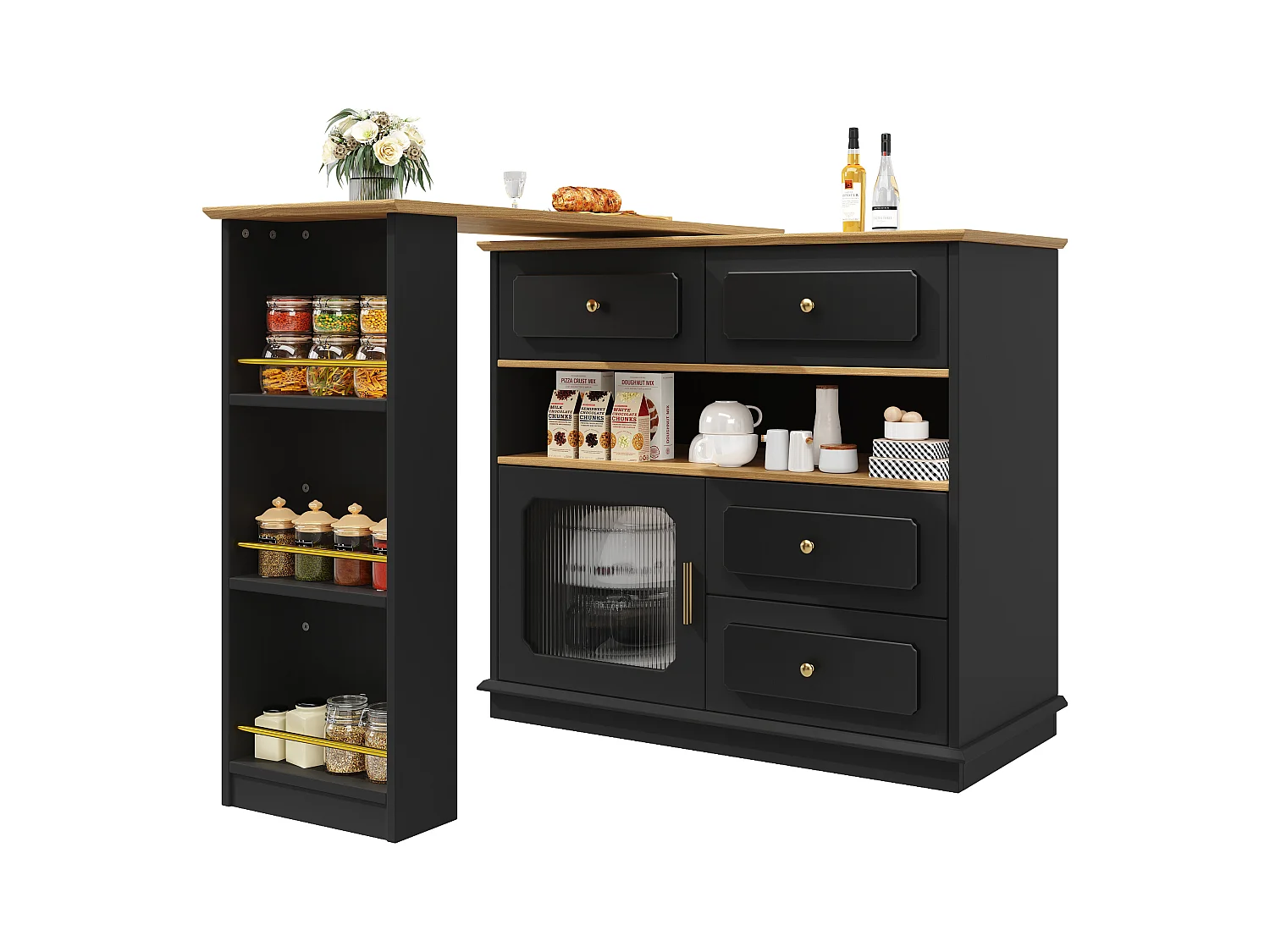 Meuble de bar rotatif - Table de bar extensible avec 4 tiroirs et 1 porte vitrée - rangement ouvert - noir