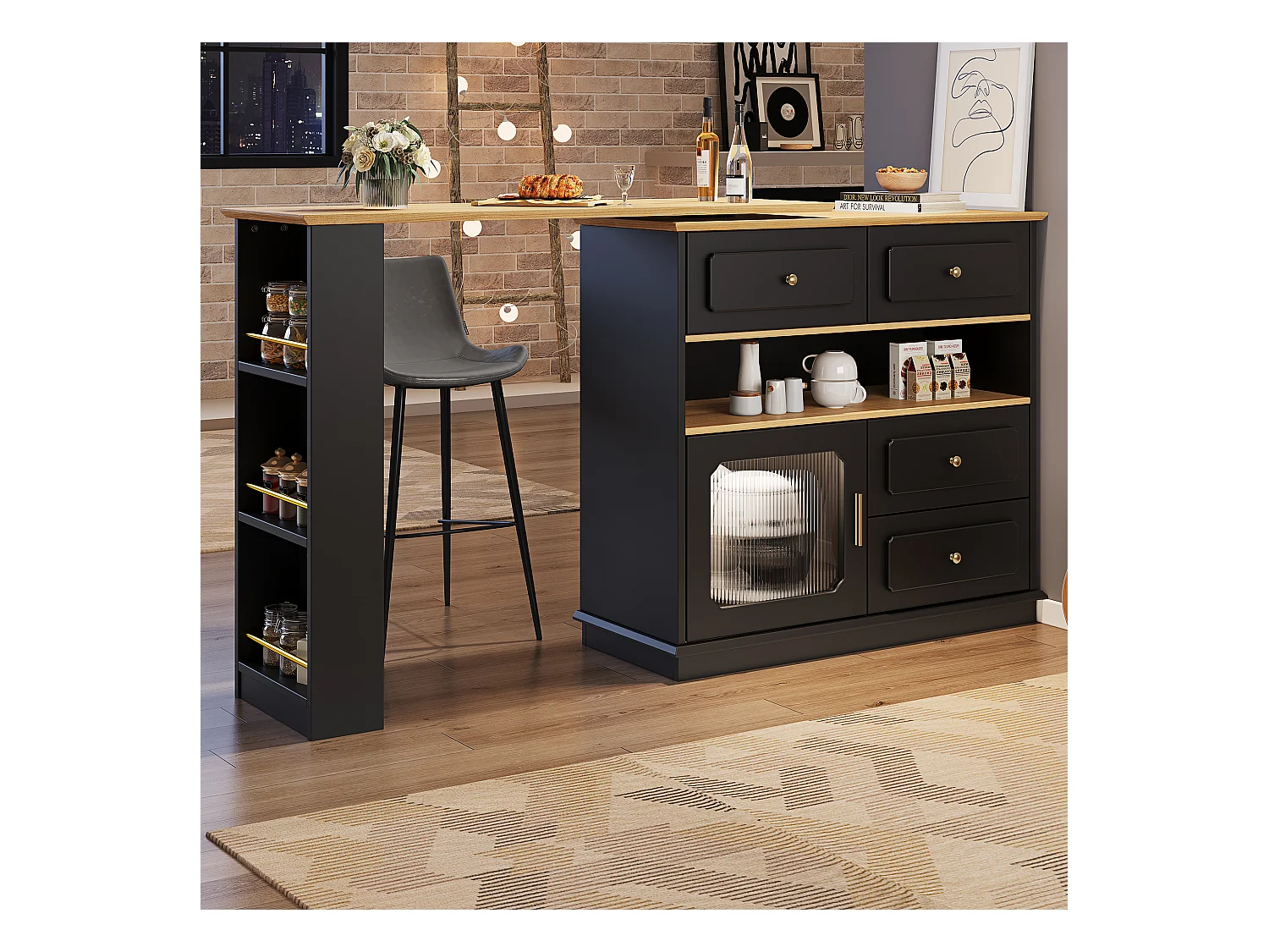 Meuble de bar rotatif - Table de bar extensible avec 4 tiroirs et 1 porte vitrée - rangement ouvert - noir