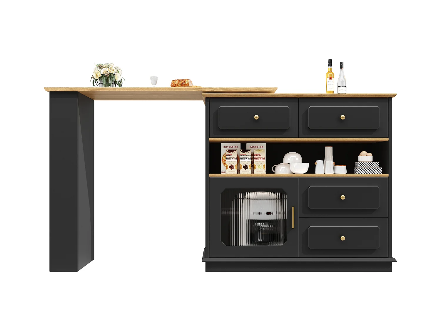 Meuble de bar rotatif - Table de bar extensible avec 4 tiroirs et 1 porte vitrée - rangement ouvert - noir