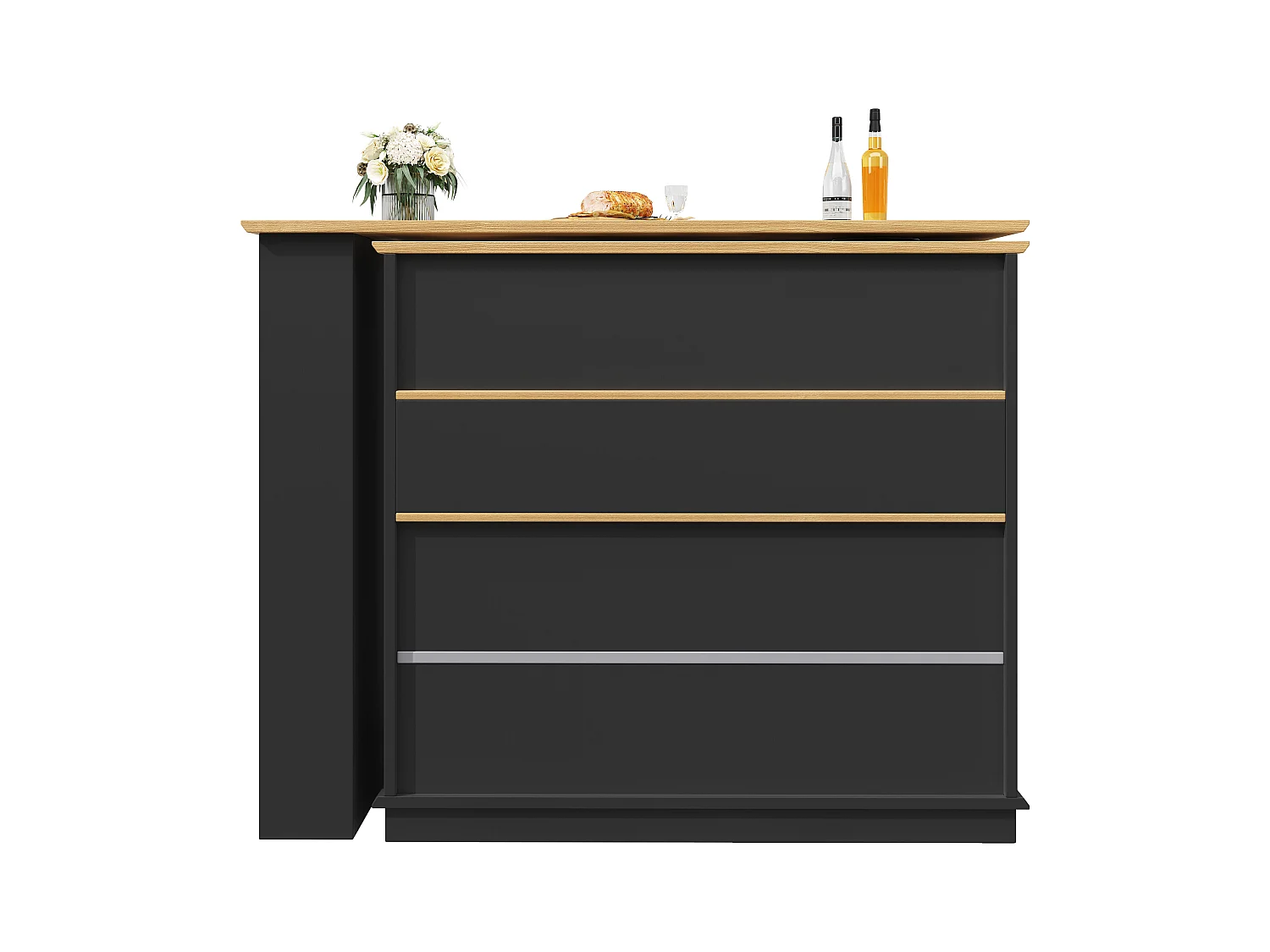 Meuble de bar rotatif - Table de bar extensible avec 4 tiroirs et 1 porte vitrée - rangement ouvert - noir