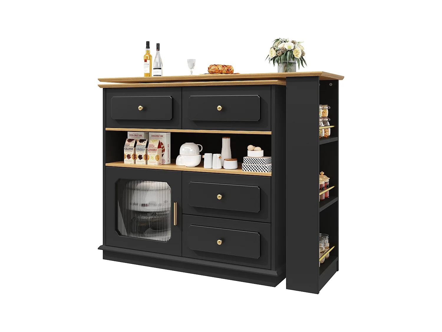 Meuble de bar rotatif - Table de bar extensible avec 4 tiroirs et 1 porte vitrée - rangement ouvert - noir