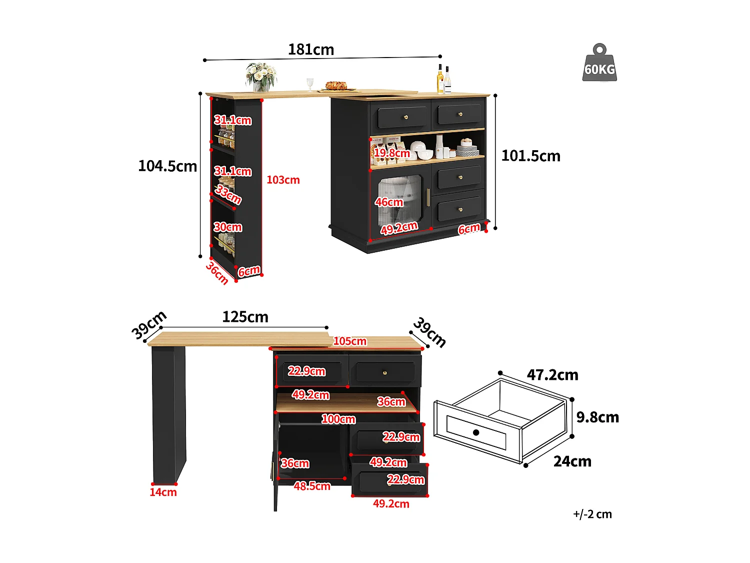 Mobile bar girevole - Tavolo bar estensibile con 4 cassetti e 1 anta in vetro - spazio aperto - nero