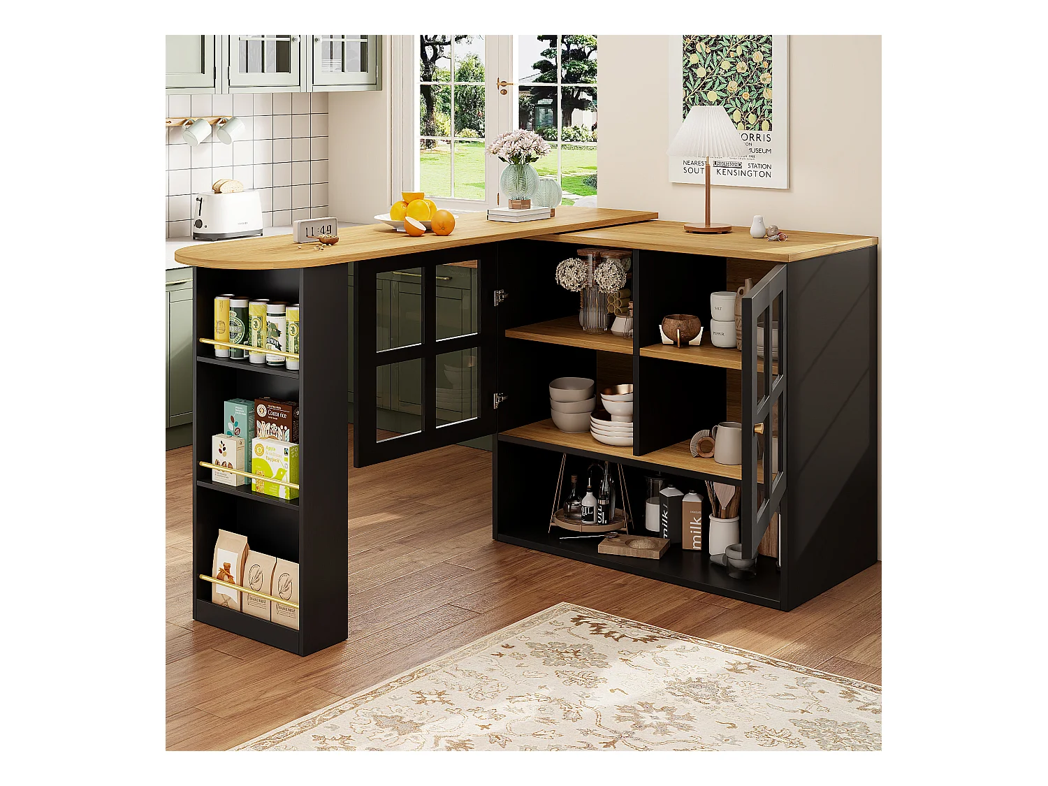 Meuble de bar rotatif - Table de bar extensible avec 2 portes et 3 étagères réglables - rangement ouvert - noir
