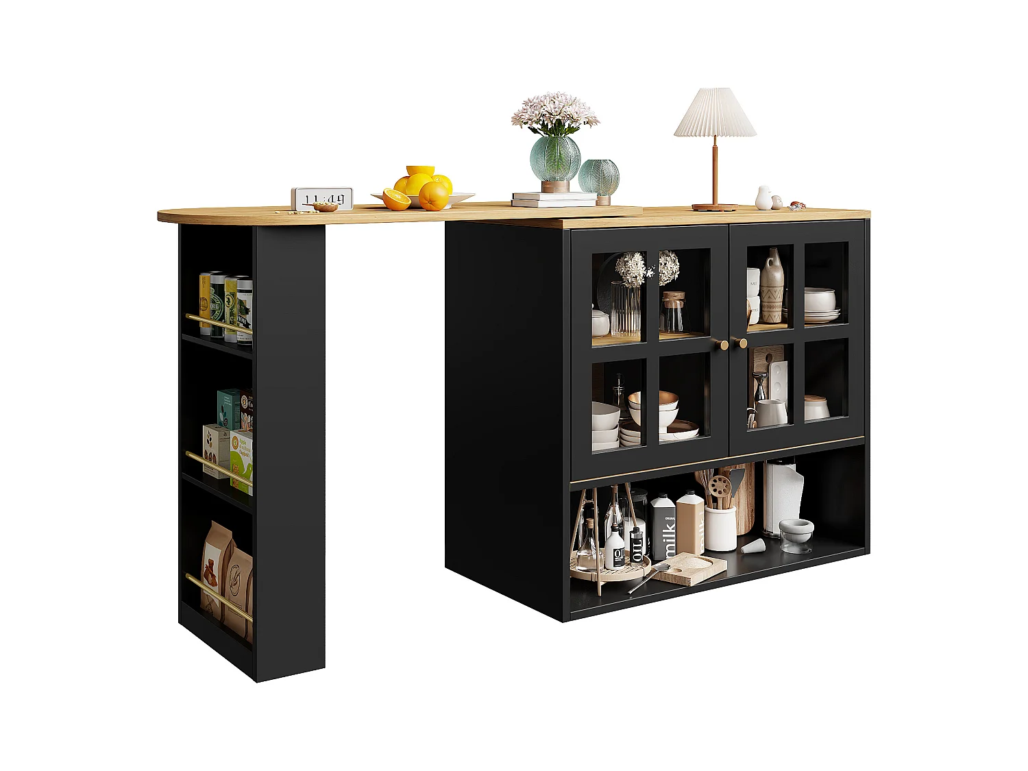 Meuble de bar rotatif - Table de bar extensible avec 2 portes et 3 étagères réglables - rangement ouvert - noir